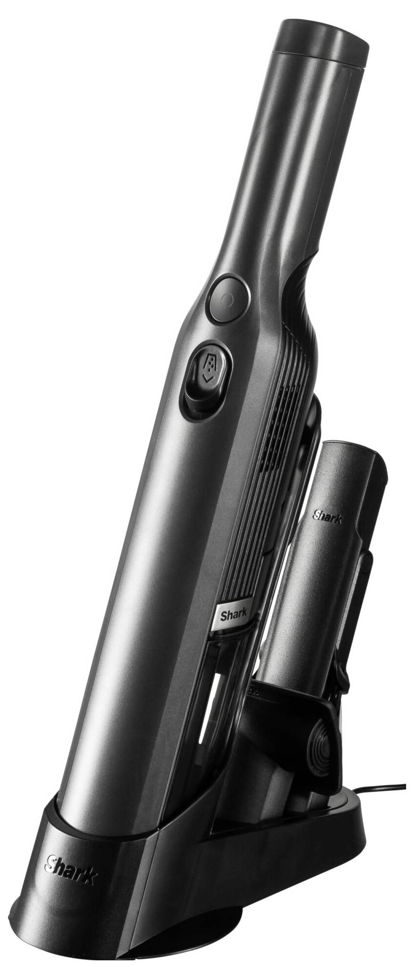 Handstaubsauger in Schwarz auf Ladestation. Kompaktes, schlankes Design mit einem Einschaltknopf oben. Geeignet für schnelle Reinigungen.