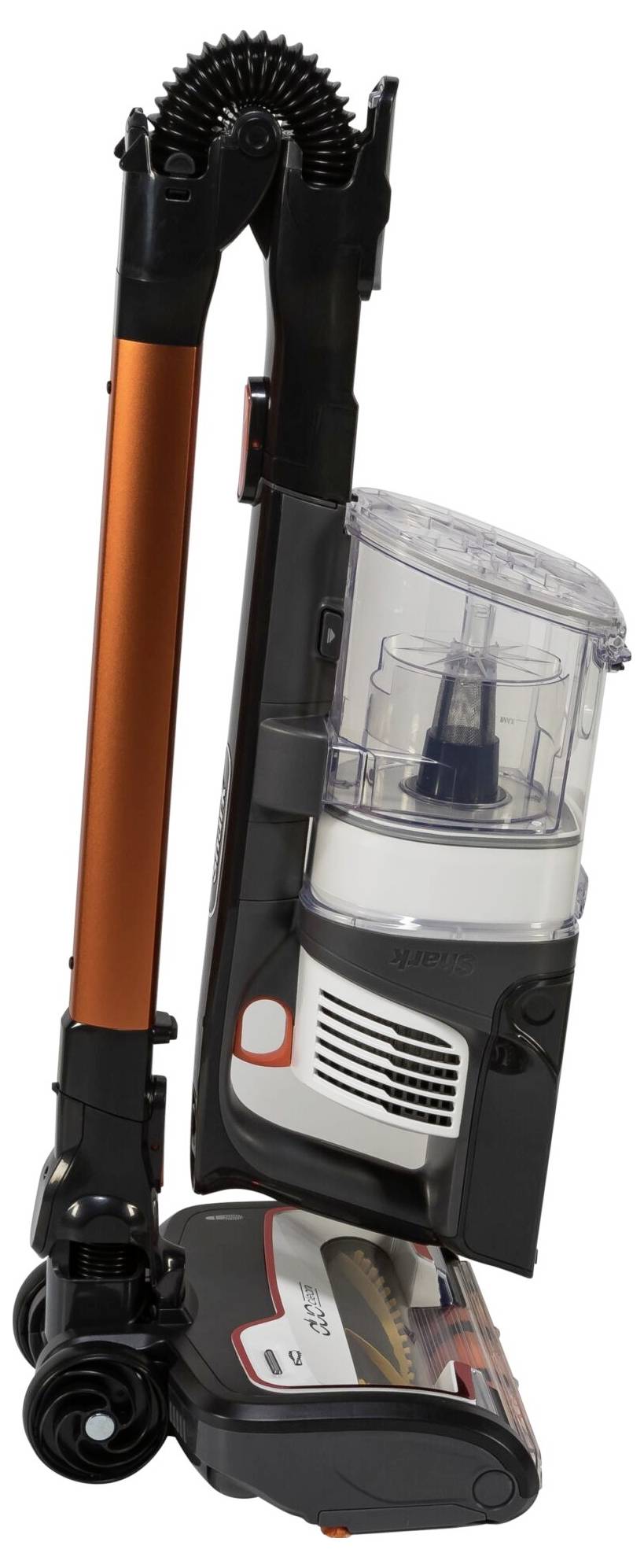 Ein zusammenklappbarer, orange-schwarzer Staubsauger. Die transparente Staubbehälter zeigt den Filter. Ideal für platzsparende Aufbewahrung.