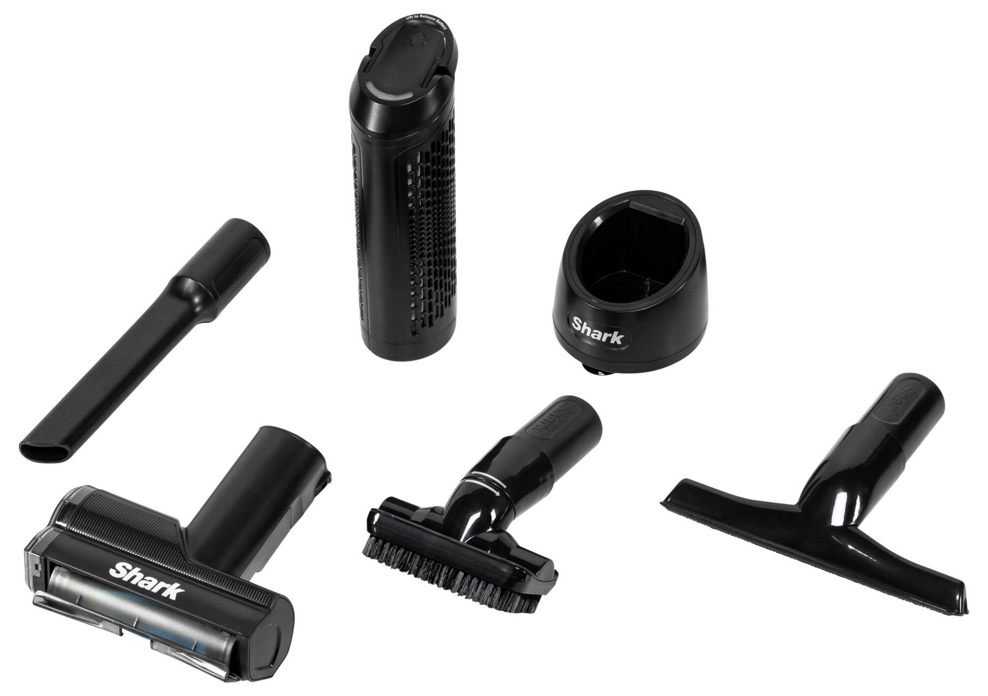 Mehrere schwarze Staubsaugeraufsätze, darunter Fugendüse, Bürstenaufsatz und Düsensauger. Geeignet für verschiedene Reinigungszwecke.