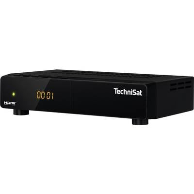 Ein schwarzer TechniSat DVB-S2-Receiver mit LED-Anzeige zeigt '0001'. Links leuchtet eine grüne LED neben einem HDMI-Logo.