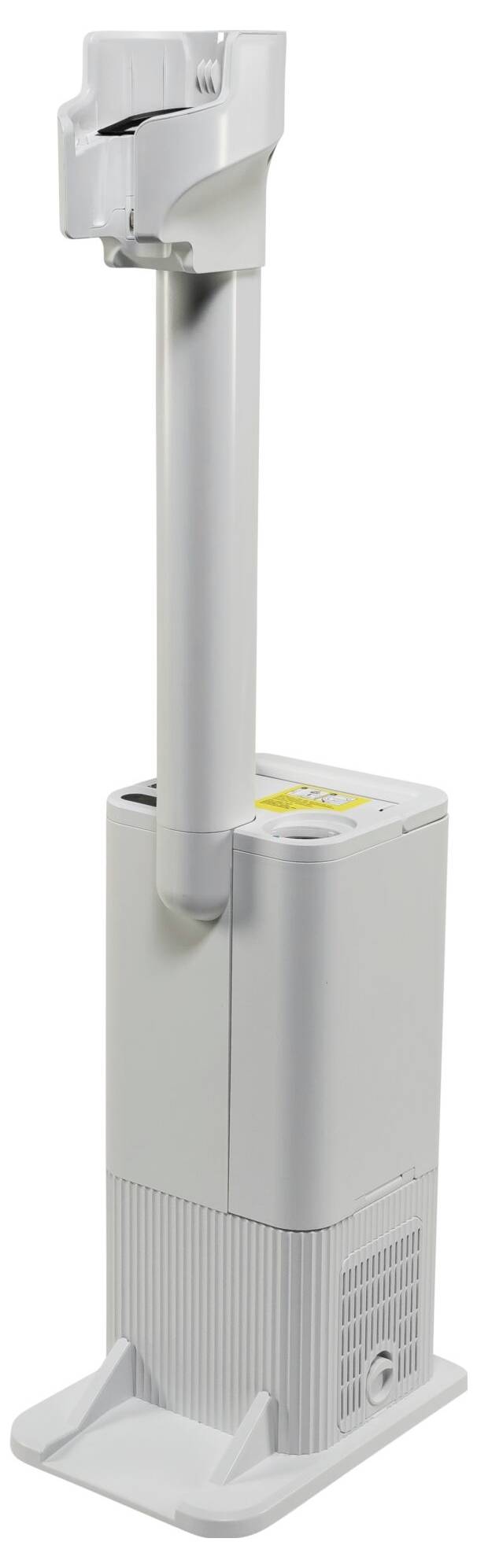 Höhenverstellbares Tischgerät mit vertikalem Griff und Display. Hauptsächlich aus weißem Kunststoff, vermutlich ein Desinfektionsmittelspender.