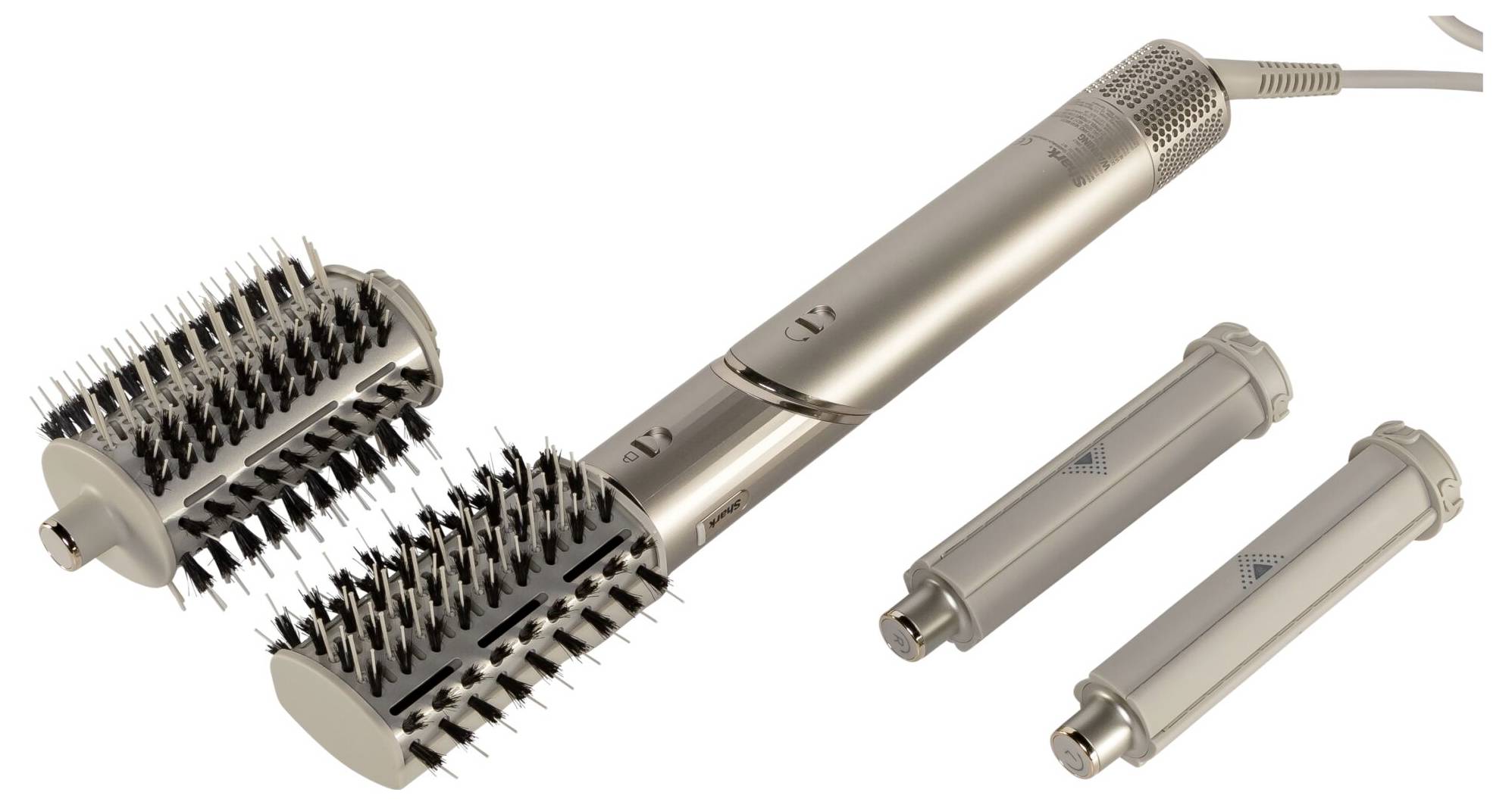 Haarstylinggerät mit zwei Aufsätzen und zwei weiteren Zubehörteilen. Geeignet für Locken und Glättung.