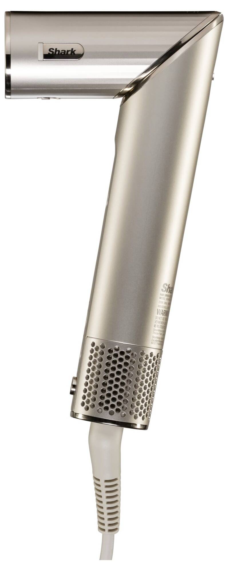 Föhn in silbernem Design mit Markenlogo. Seitenansicht.