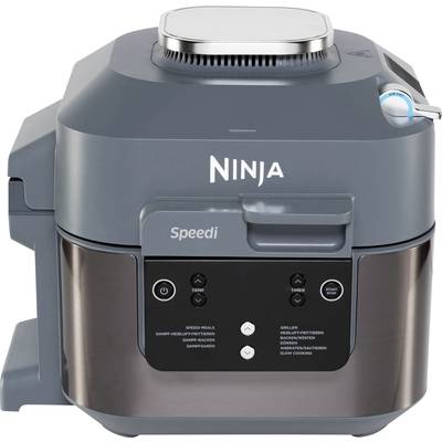 Multifunktionaler Kochgerät mit 'Ninja Speedi' Beschriftung, integriertem Bedienfeld mit Tasten für verschiedene Kochmodi und Zeitsteuerung.
