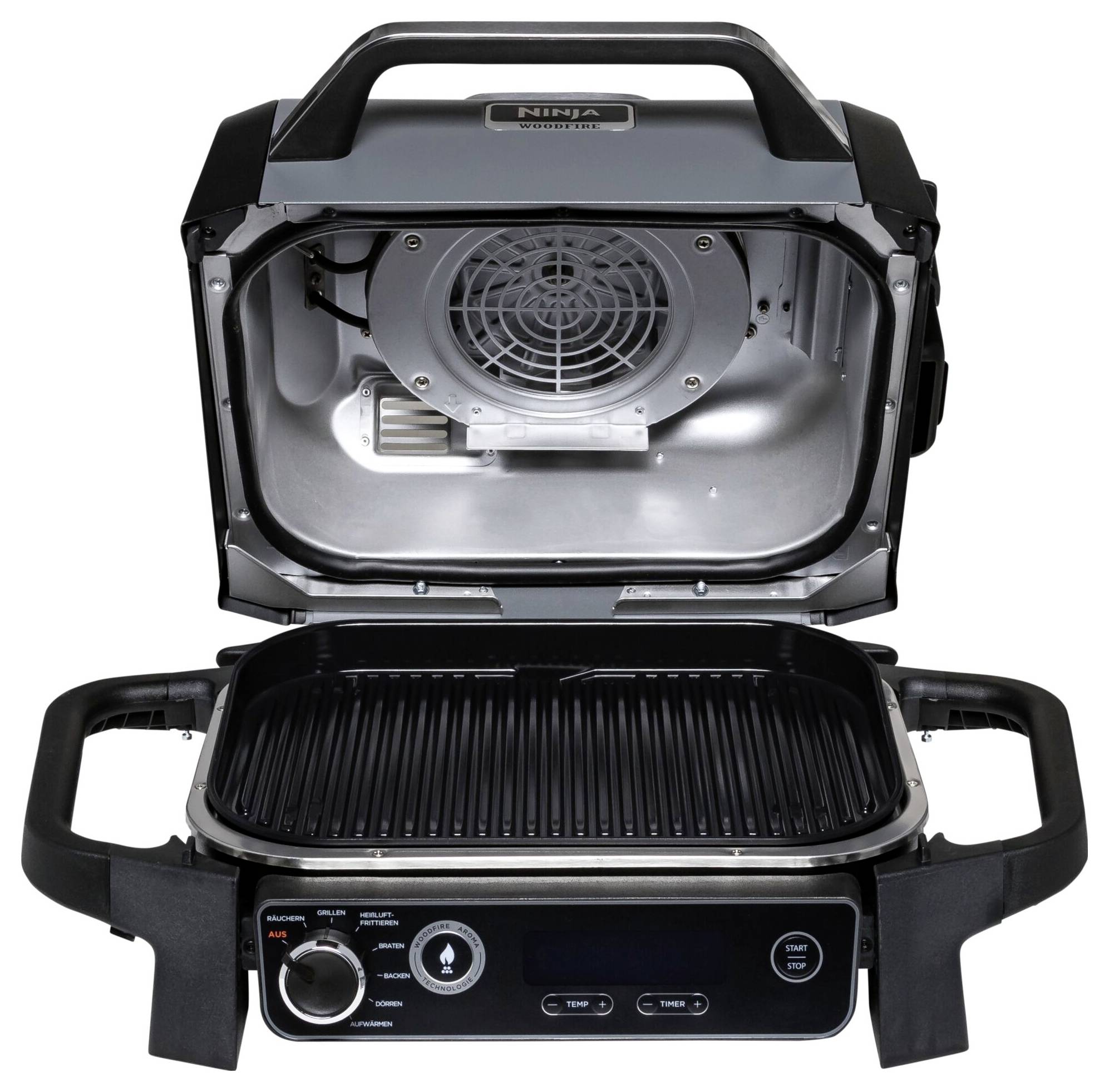 Ein elektrischer Kontaktgrill mit offenem Deckel zeigt die Grillfläche und das Heizelement im Inneren. Ideal zum Grillen von Speisen.