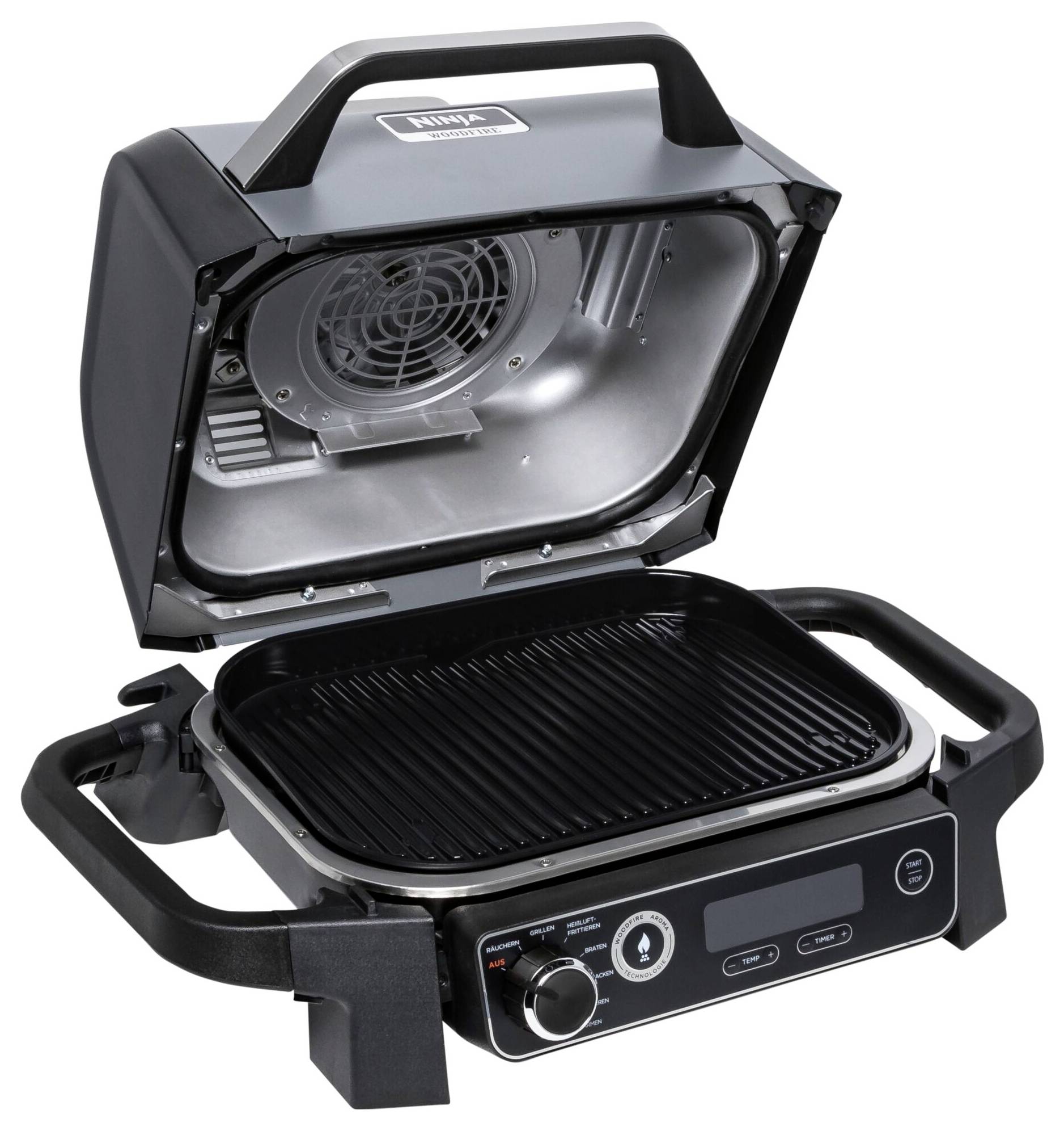 Ein elektrischer Tischgrill mit geöffnetem Deckel. Sichtbar sind die Grillfläche und Bedienelemente an der Vorderseite.