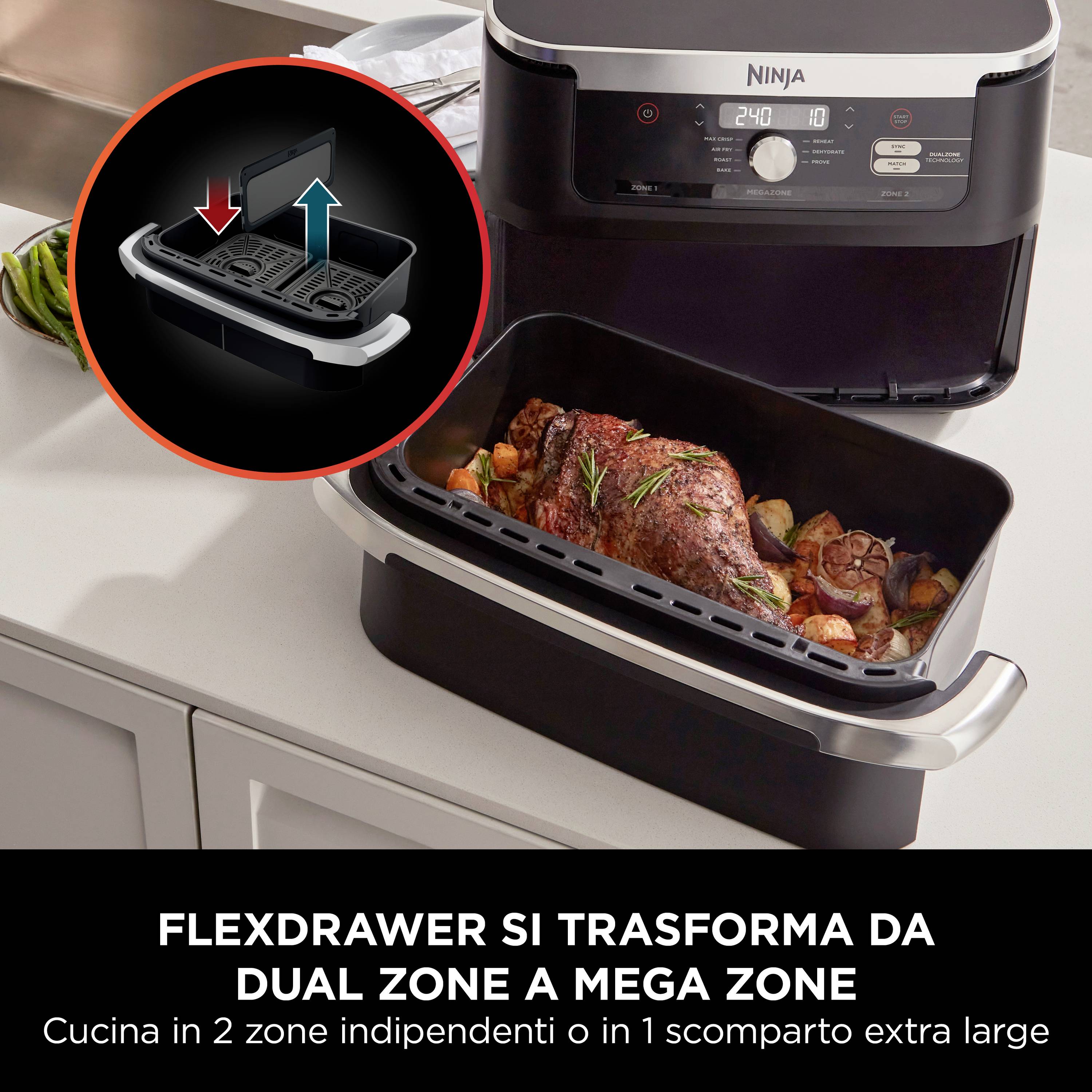 FlexDrawer-Küche mit Braten und Gemüse. FlexDrawer wechselt von zwei unabhängigen Zonen zu einer großen Zone für extra großes Kochen.