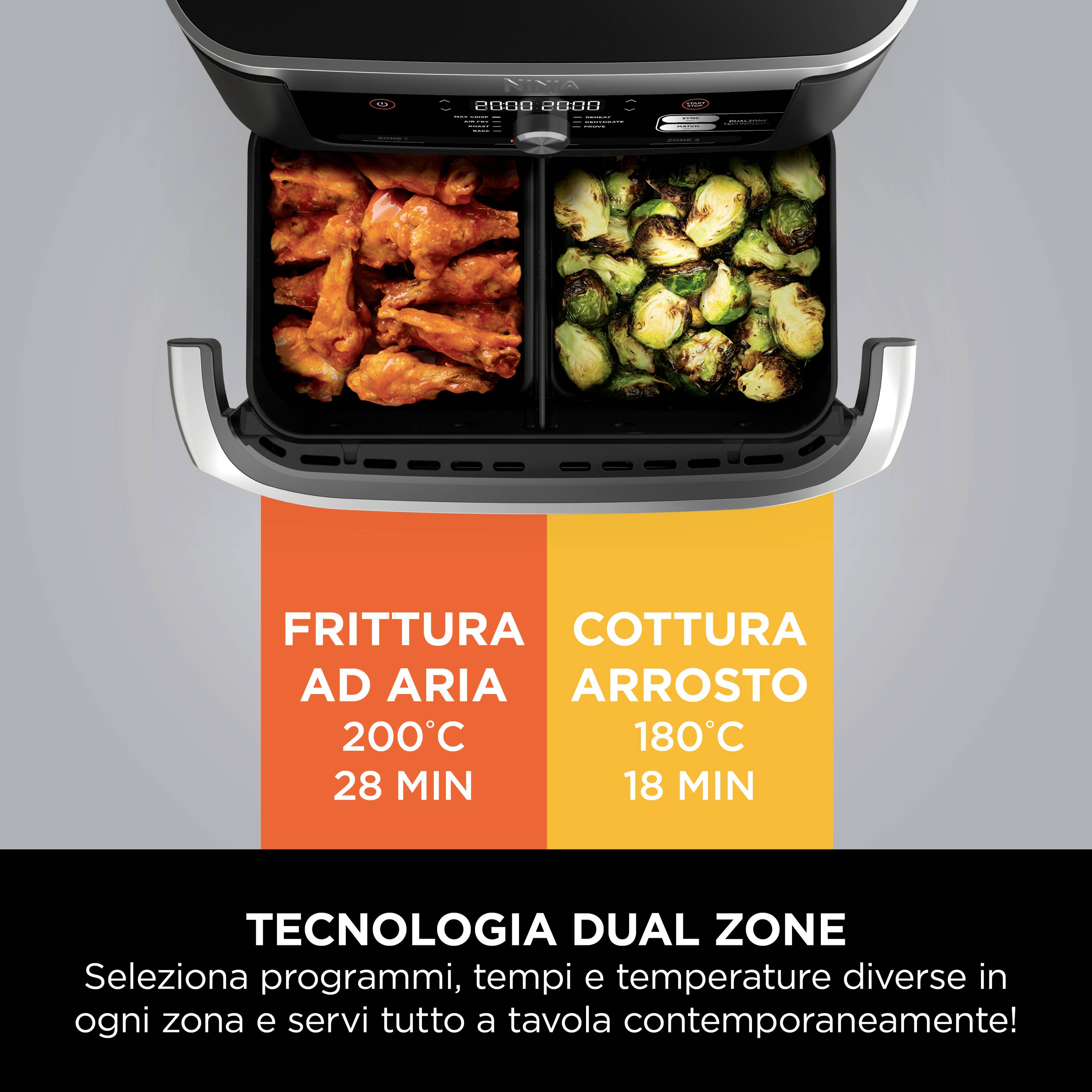 'Luftfrittieren: 200°C, 28 Min. - Braten: 180°C, 18 Min. - Dual Zone-Technologie: Unterschiedliche Programme und Temperaturen wählen.'