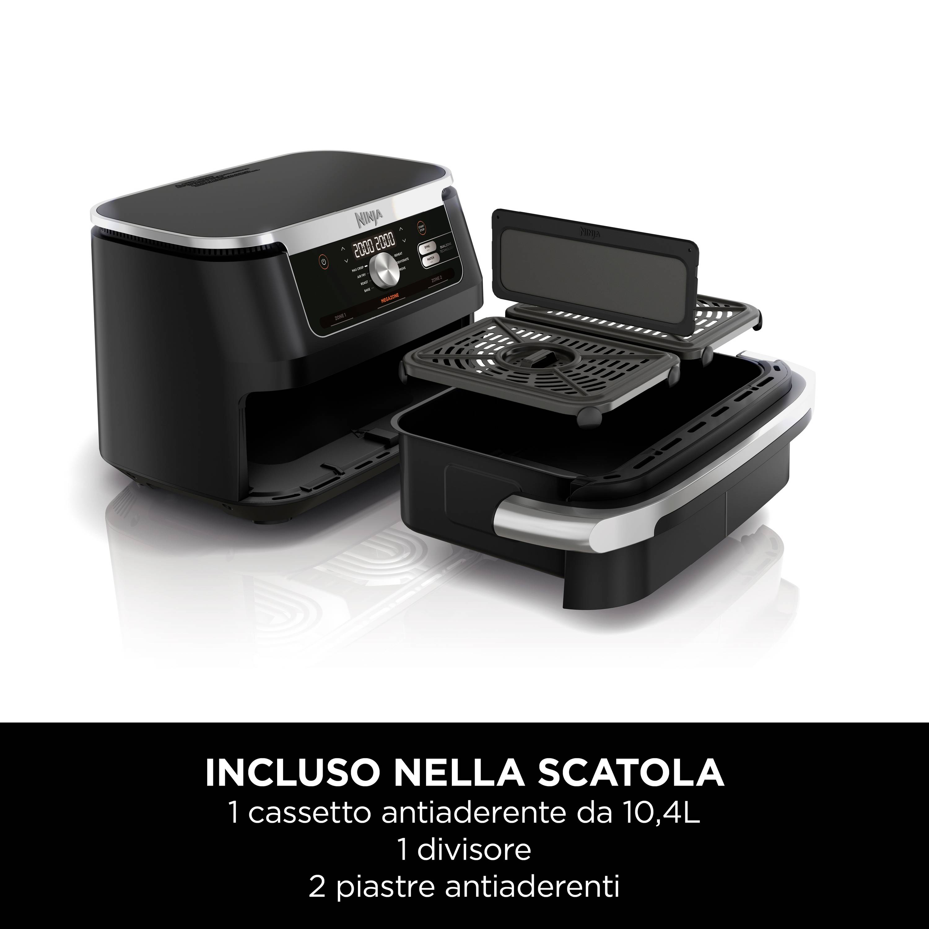 'Multifunktionale Kochmaschine mit 10,4L Antihaftbehälter, Teiler und zwei Antihaftplatten; inklusive Zubehör.'