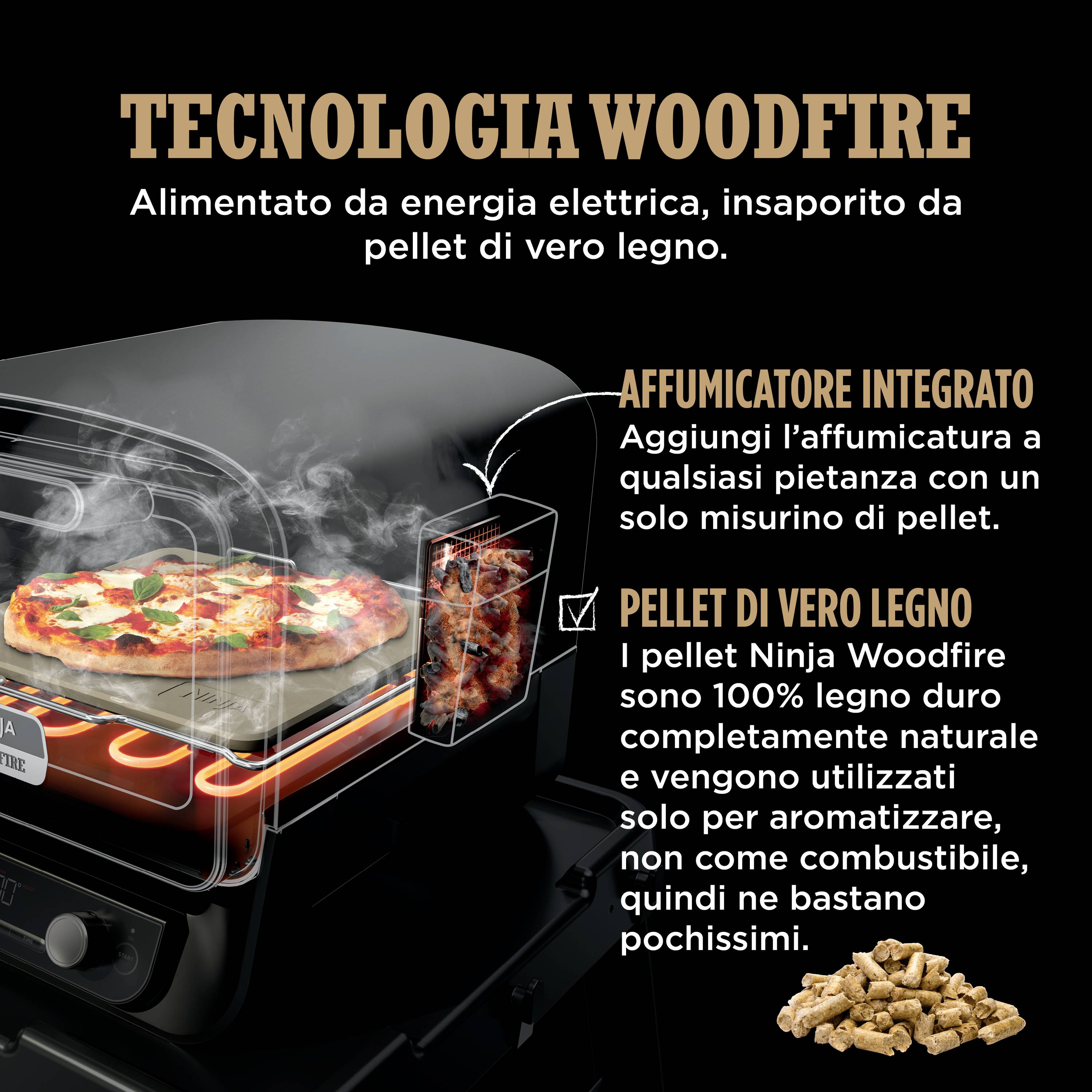 'Ein Ofen mit Pizza, integrierter Räucherfunktion und Verweis auf umweltfreundliche Pellets. Text beschreibt Holzfeuertechnologie.'