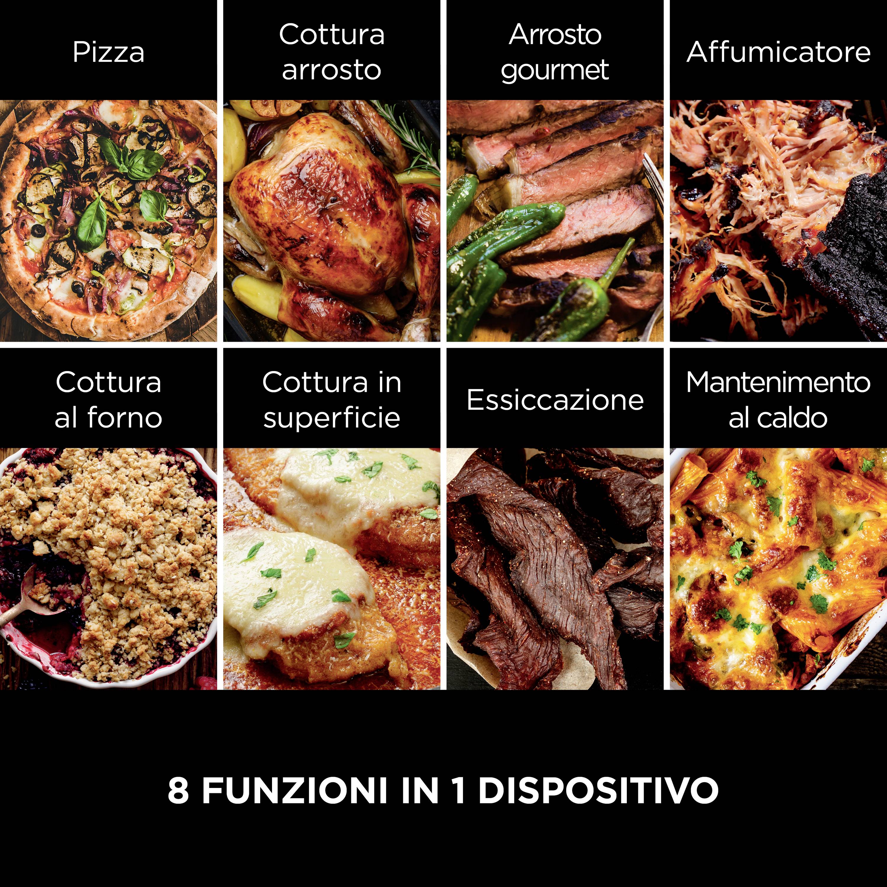 Eine Collage von Speisen zeigt Pizza, Braten, geräuchertes Fleisch und gebackene Gerichte. Text: '8 Funktionen in 1 Gerät'.