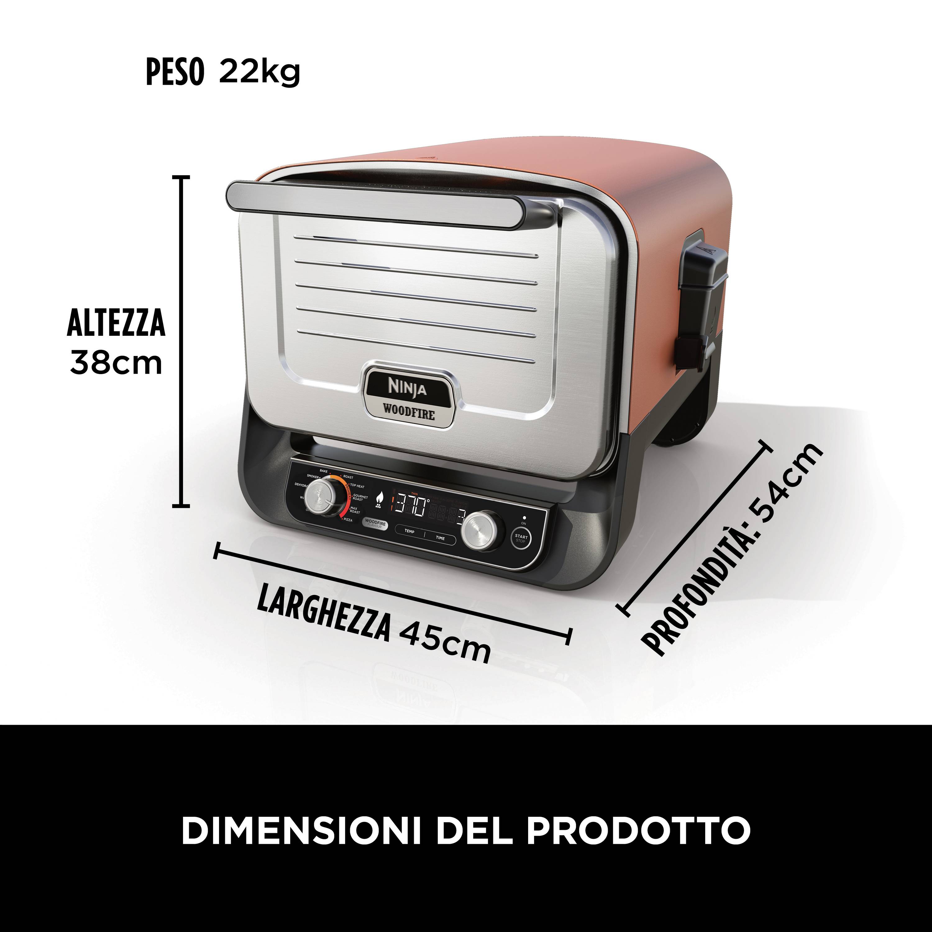 'Produkt: Ninja Woodfire Grill', Gewicht: 22 kg. Höhe: 38 cm, Breite: 45 cm, Tiefe: 54 cm. Abbildung zeigt Abmessungen und Design.