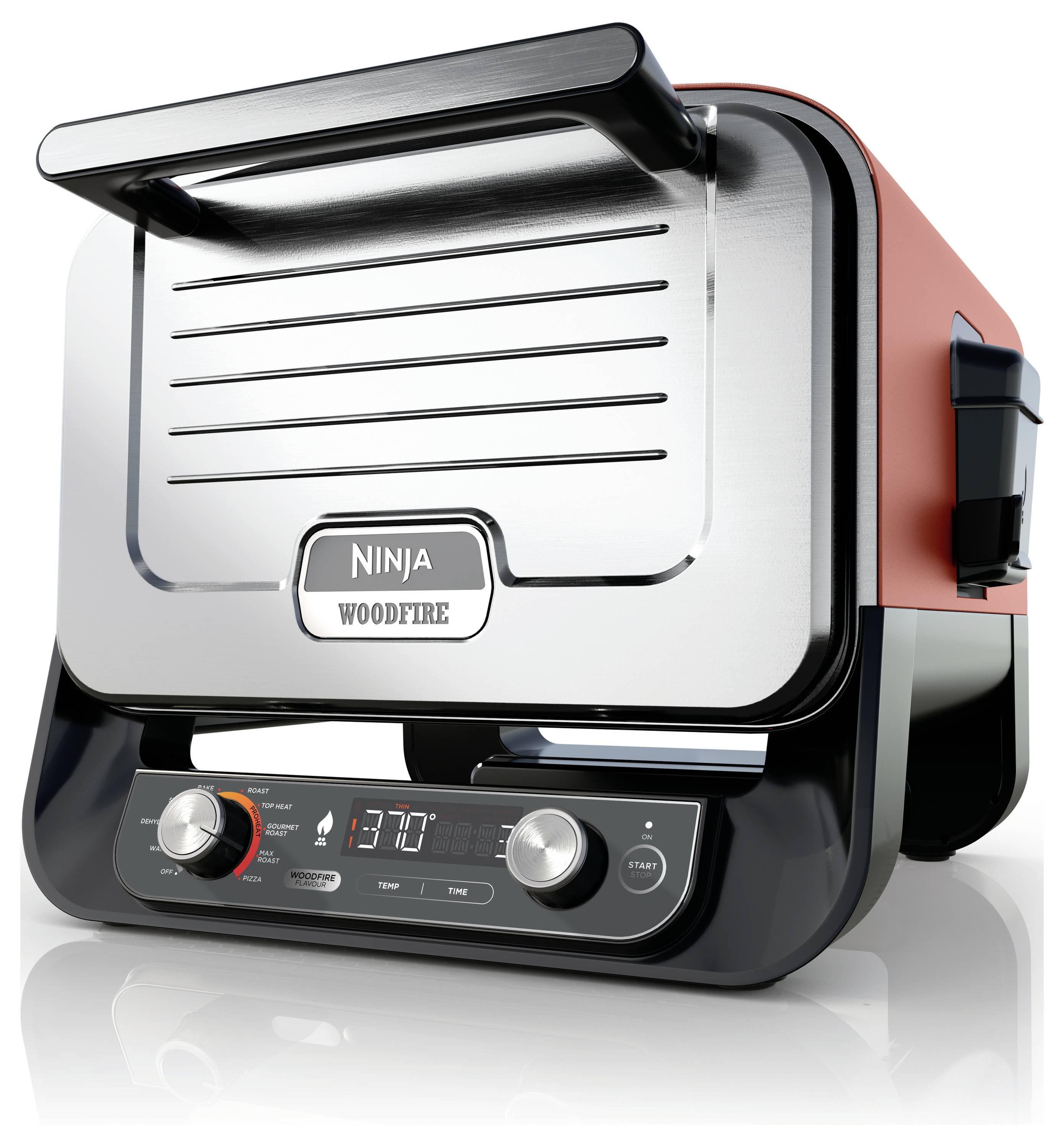 Ein silberner elektrischer Holzofen-Grill mit Temperaturanzeige und Drehknöpfen, geeignet zum Grillen und Backen im Innenbereich.