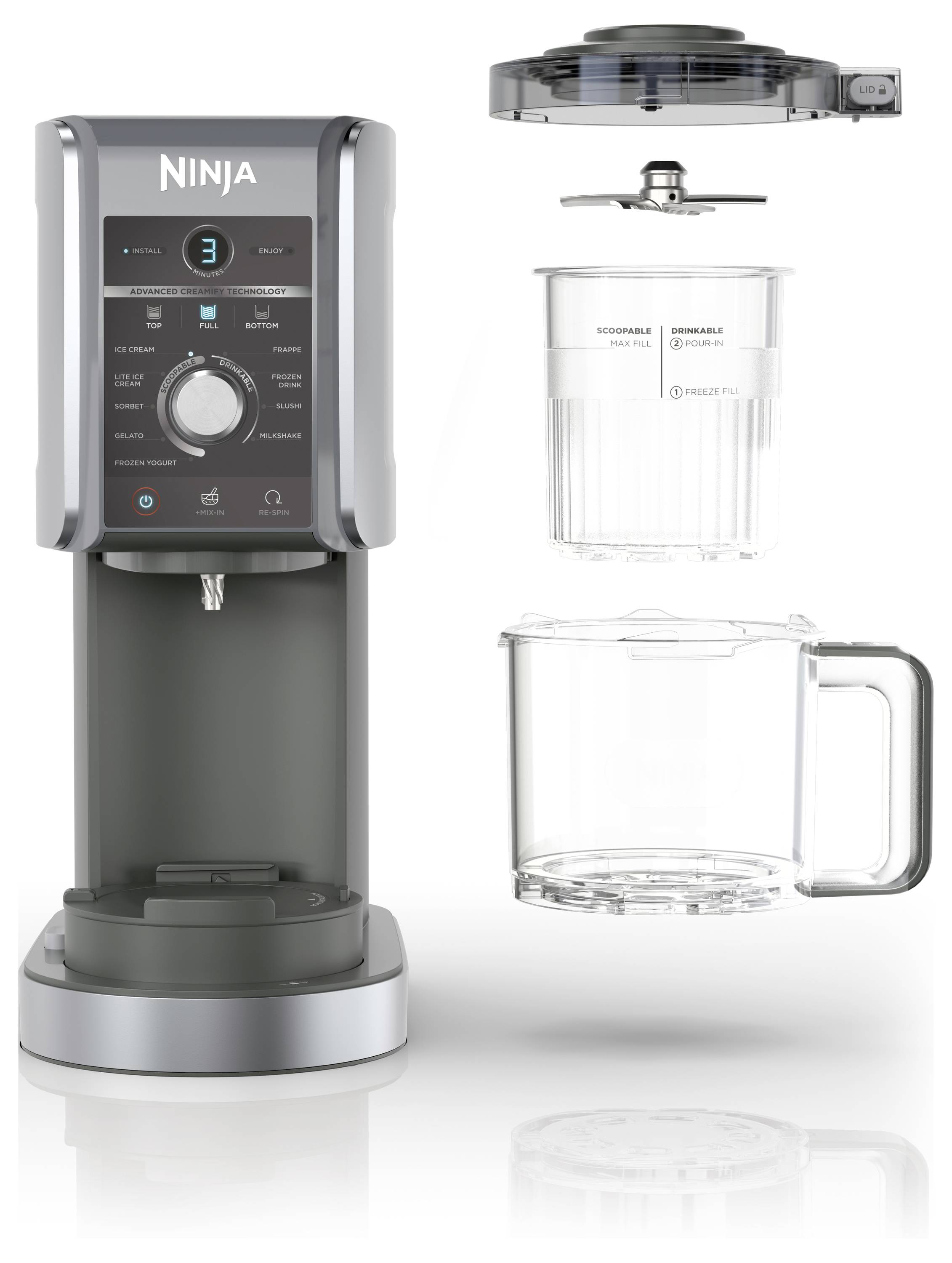 Ninja Kaffeemaschine. Zeigt Haupteinheit mit digitalen Anzeigen, abnehmbaren Teilen wie Brühebehälter, Deckel und Kanne.