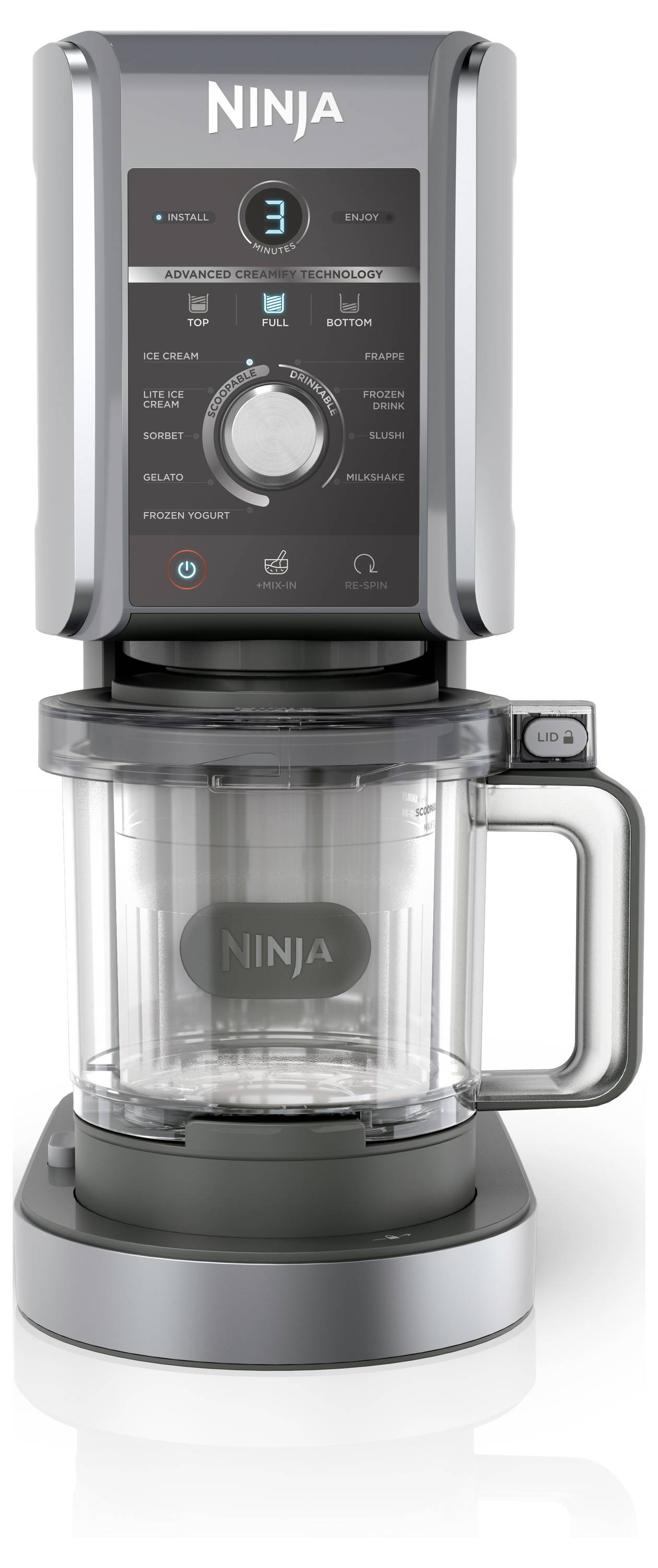 Ein grauer Küchengerät mit der Aufschrift 'Ninja'. Es hat ein transparentes Mixbehälter und verschiedene Bedienknöpfe an der Vorderseite.