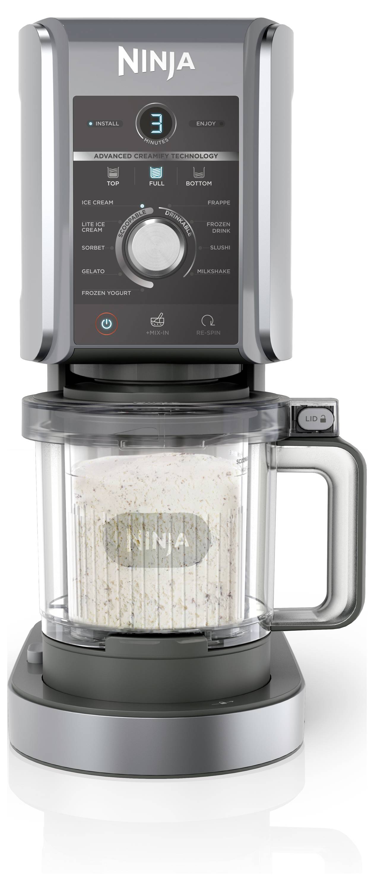 Ein Mixer mit digitalem Display zeigt die Zahl '3'. Es gibt mehrere Einstellungsmöglichkeiten. Der Behälter ist mit einer Mischung gefüllt.