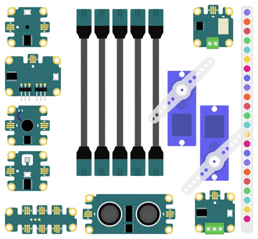 Verschiedene elektronische Sensoren und Module, einschließlich Ultraschallsensor und Servomotoren, auf weißem Hintergrund.