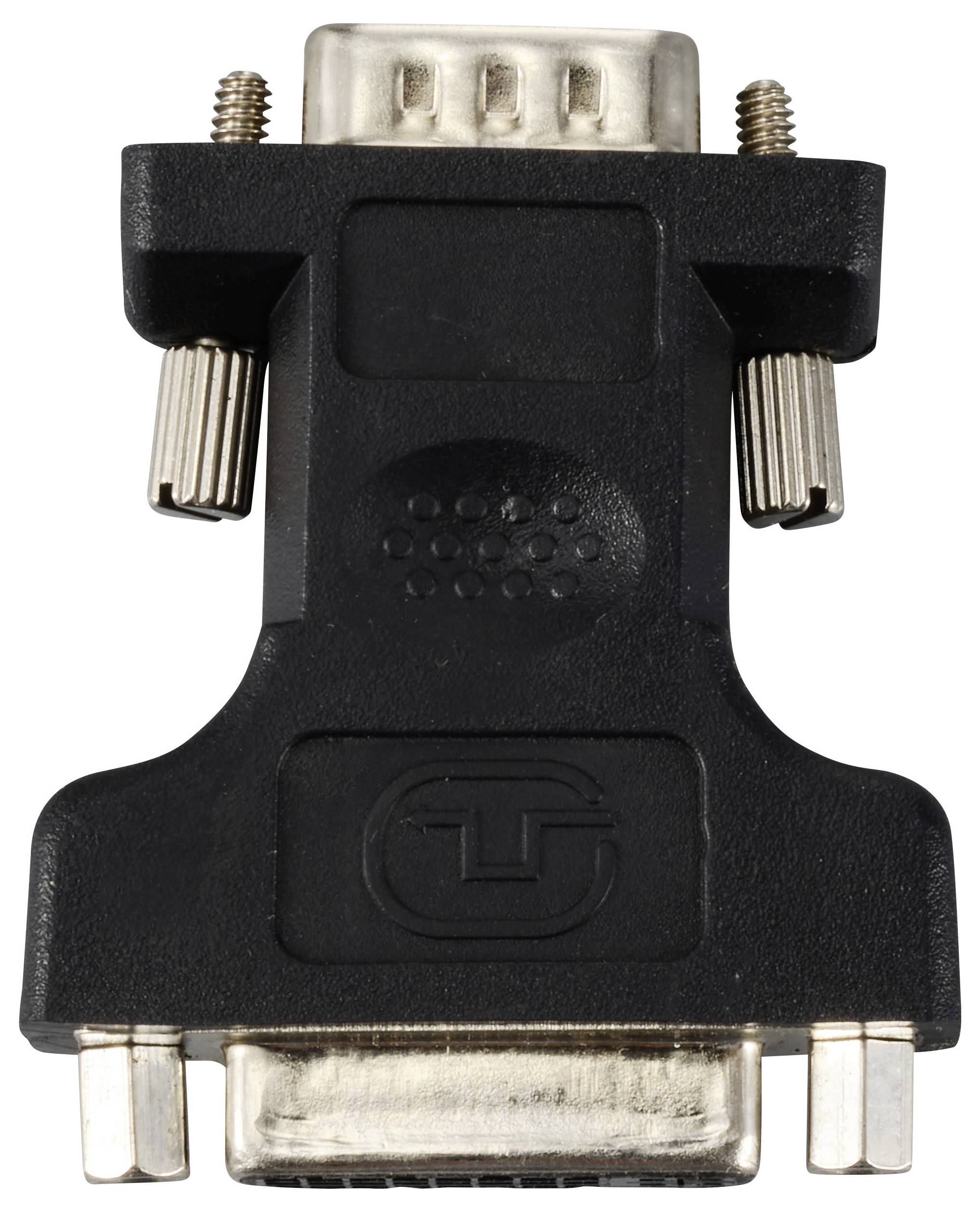 Ein schwarzer DVI-zu-VGA-Adapter zum Verbinden eines DVI-Kabels mit einem VGA-Anschluss, mit Metallschrauben zur Befestigung.