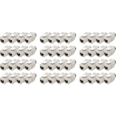 24 beige RJ45-Keystone-Module in vier Reihen. Jedes Modul hat eine rechteckige Form mit einem Steckanschluss für Netzwerkkabel.