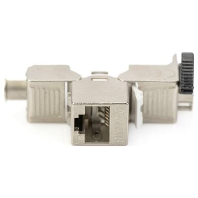 Ein Metallstecker mit RJ45-Buchse in der Mitte. Entworfen für Netzwerkverbindungen mit zwei seitlichen Clips zur Befestigung.