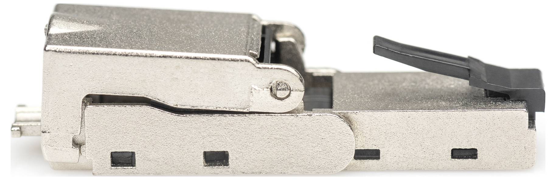 Rückansicht eines metallischen Steckverbinders mit offenem Verschlusshebel, geeignet für Netzwerkkabel zum sicheren Anschließen.