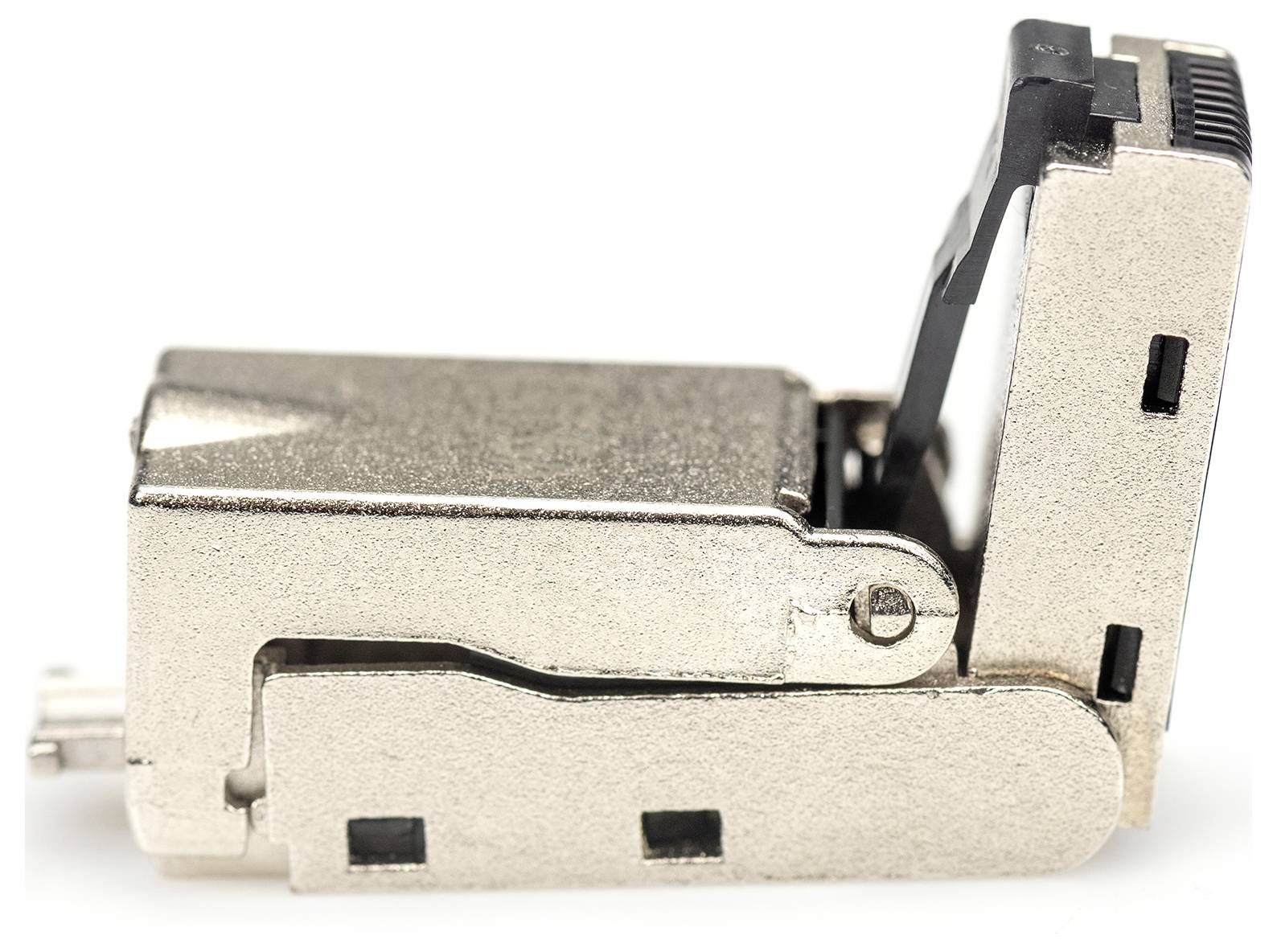 Metallisches Steckverbindergehäuse, teilweise geöffnet, zeigt Innenraumdetails. Hauptsächlich zur Verbindung und Schutz elektronischer Komponenten verwendet.