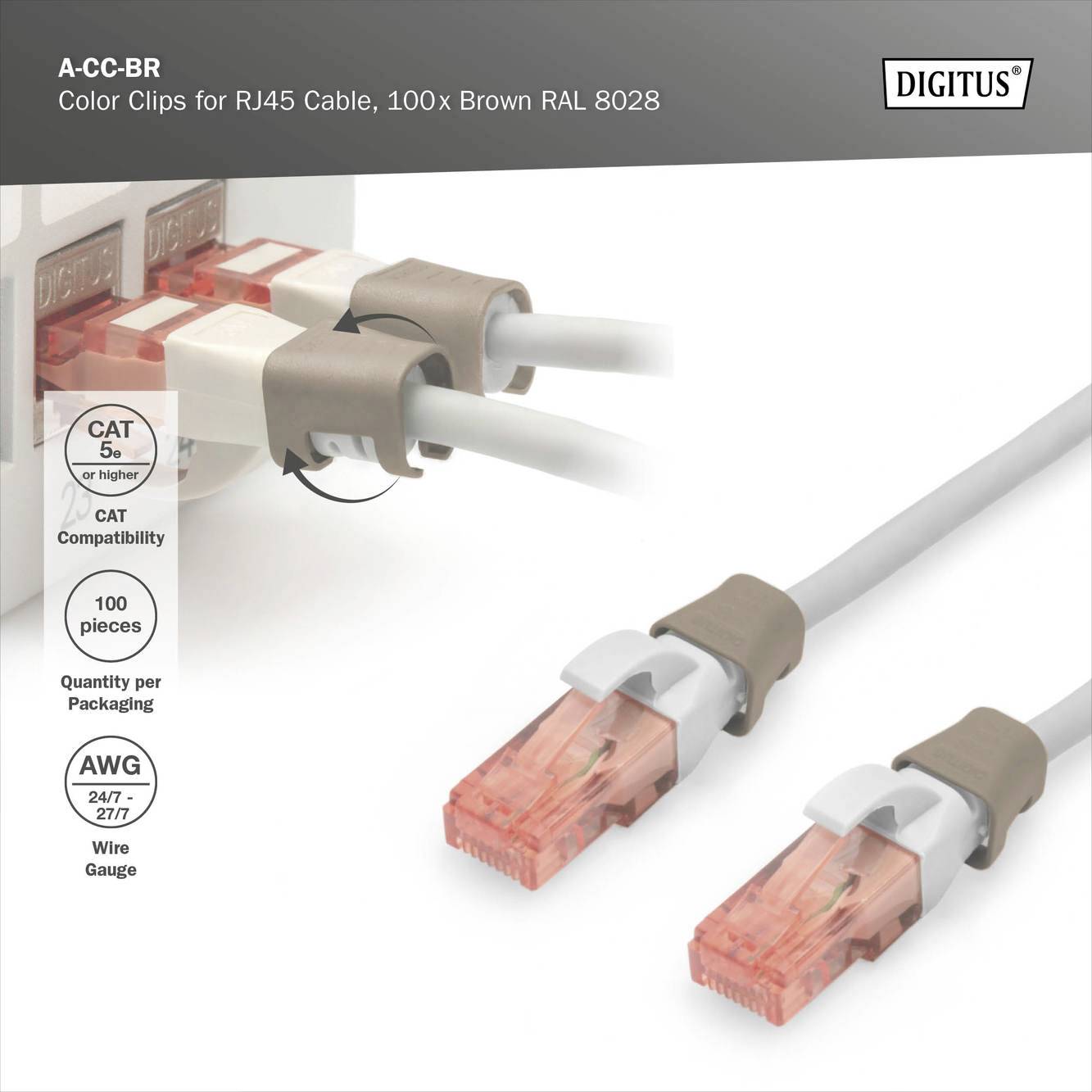 Zwei RJ45-Stecker mit braunen Clip-Haltern, beschriftet 'CAT 5', 'AWG 27/7'. 100 Stück, braun, RAL 8028. Marke: Digitus.