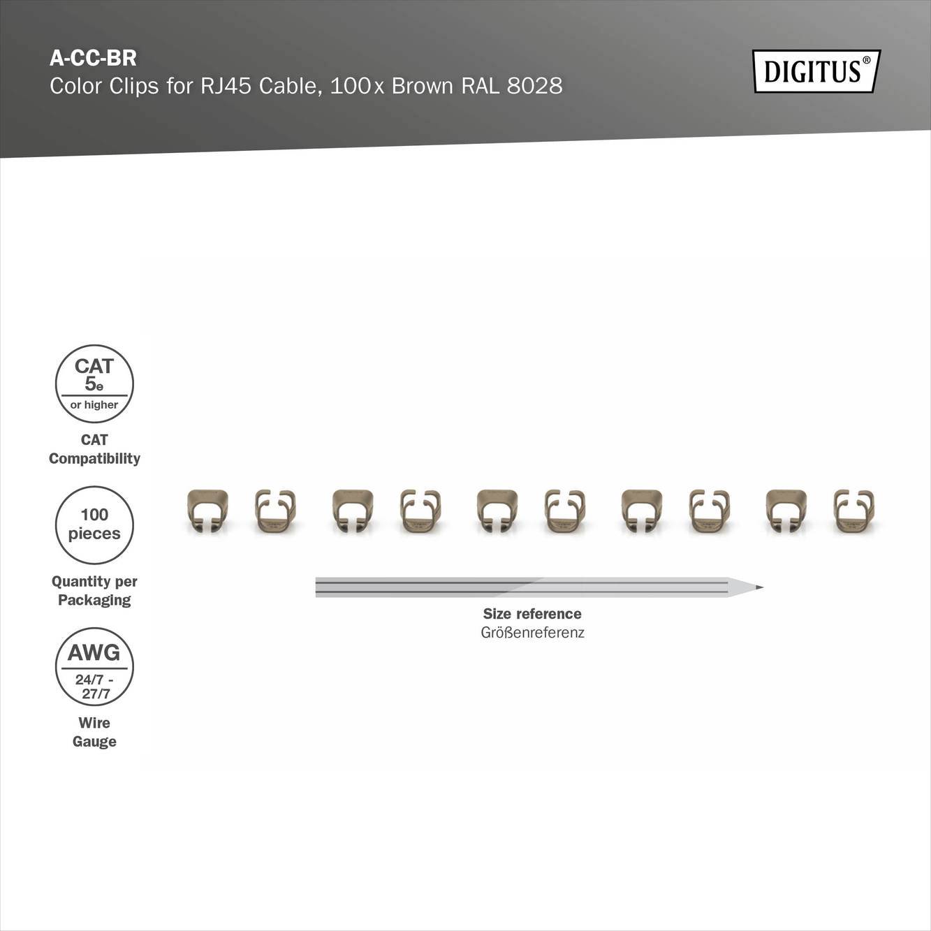 'Color Clips for RJ45 Cable, 100 Stück, Braun RAL 8028. Für Kabeldurchmesser AWG 24/7 - 22/2. Menge pro Verpackung: 100 Stück.'