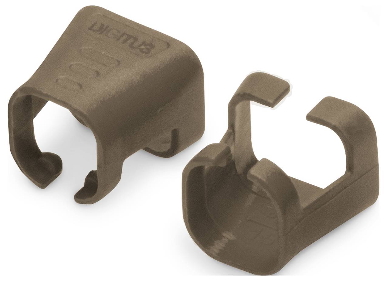 Zwei braune Kunststoff-Clip-Hüllen, die für Kabelmanagement oder ähnlichen Einsatz geeignet sind; eine zeigt die Vorderansicht, die andere die Rückseite.