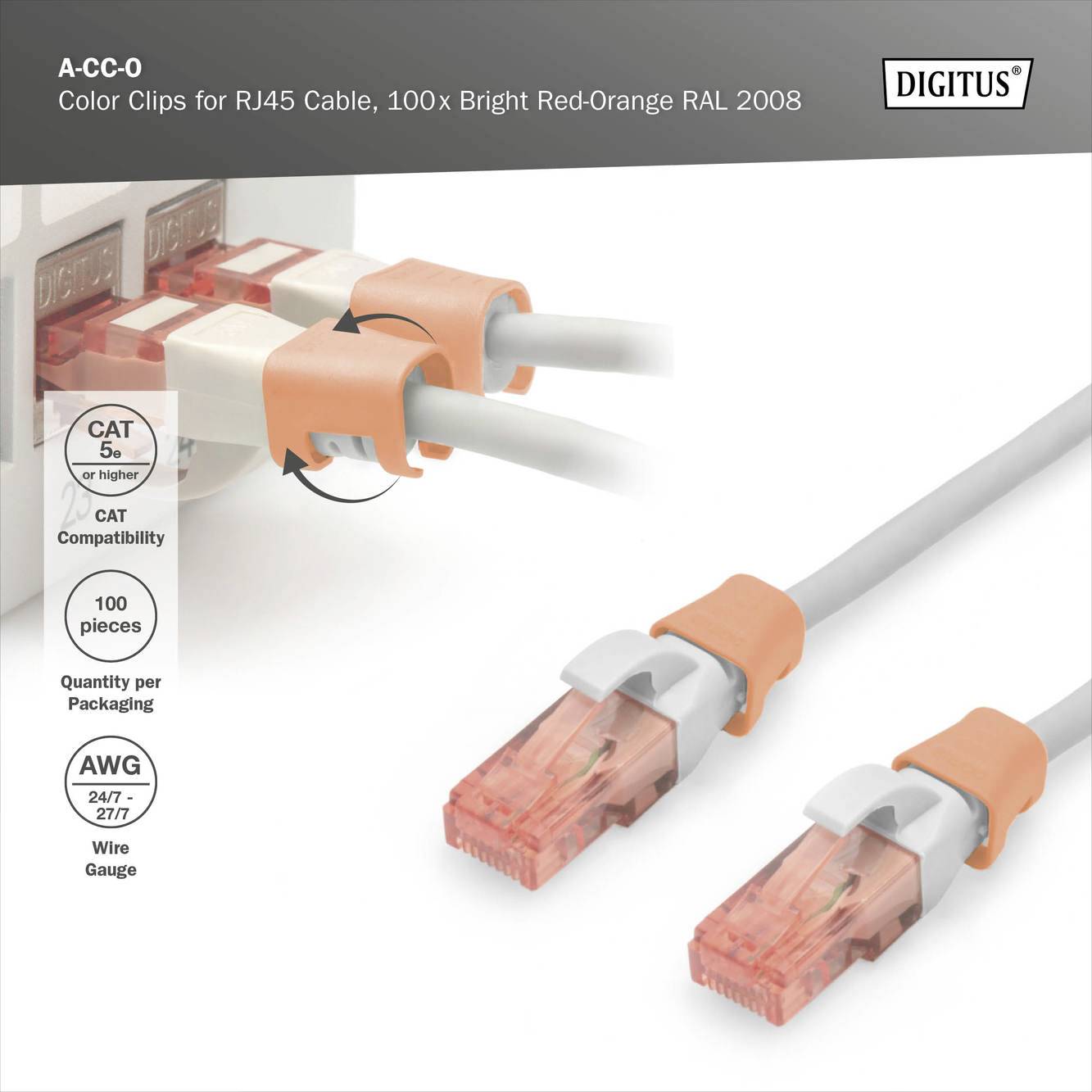 Zwei RJ45-Kabel mit orangefarbenen Clips, verbunden mit einem Ethernet-Switch, Hersteller 'Digitus', CAT 5e, 100 Stück, Drahtstärke AWG 24/7.