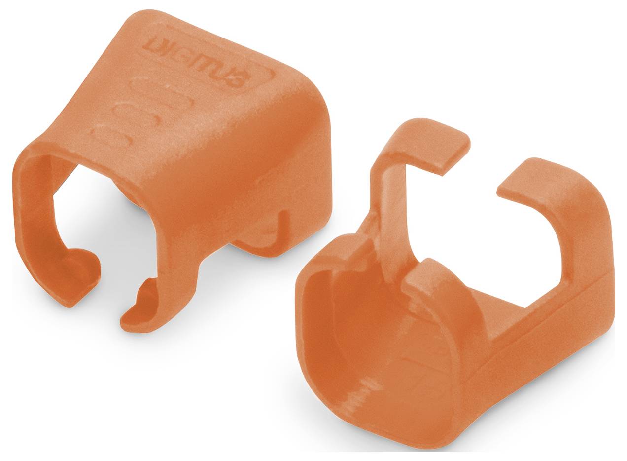 Zwei orange Kabelschutzkappen, die verwendet werden, um Kabelverbindungen zu isolieren und zu schützen. Sie sind aus Kunststoff.