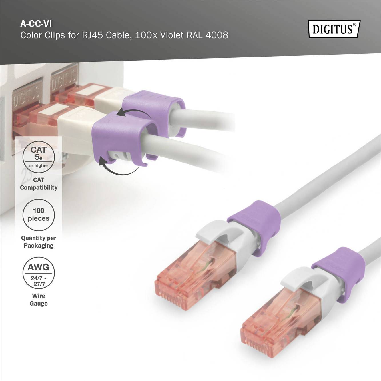 Steckerkabel mit lila Farbclips verbunden. Text: 'Farbclips für RJ45-Kabel, 100x Violett, RAL 4008'. Eignet sich für CAT 5e.
