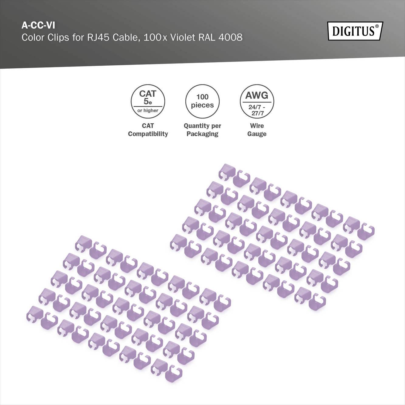 'Bild zeigt violette Farbklemmen für RJ45-Kabel. 100 Stück pro Packung. Kompatibel mit CAT 5 oder höher. AWG 24/1-27/7.'