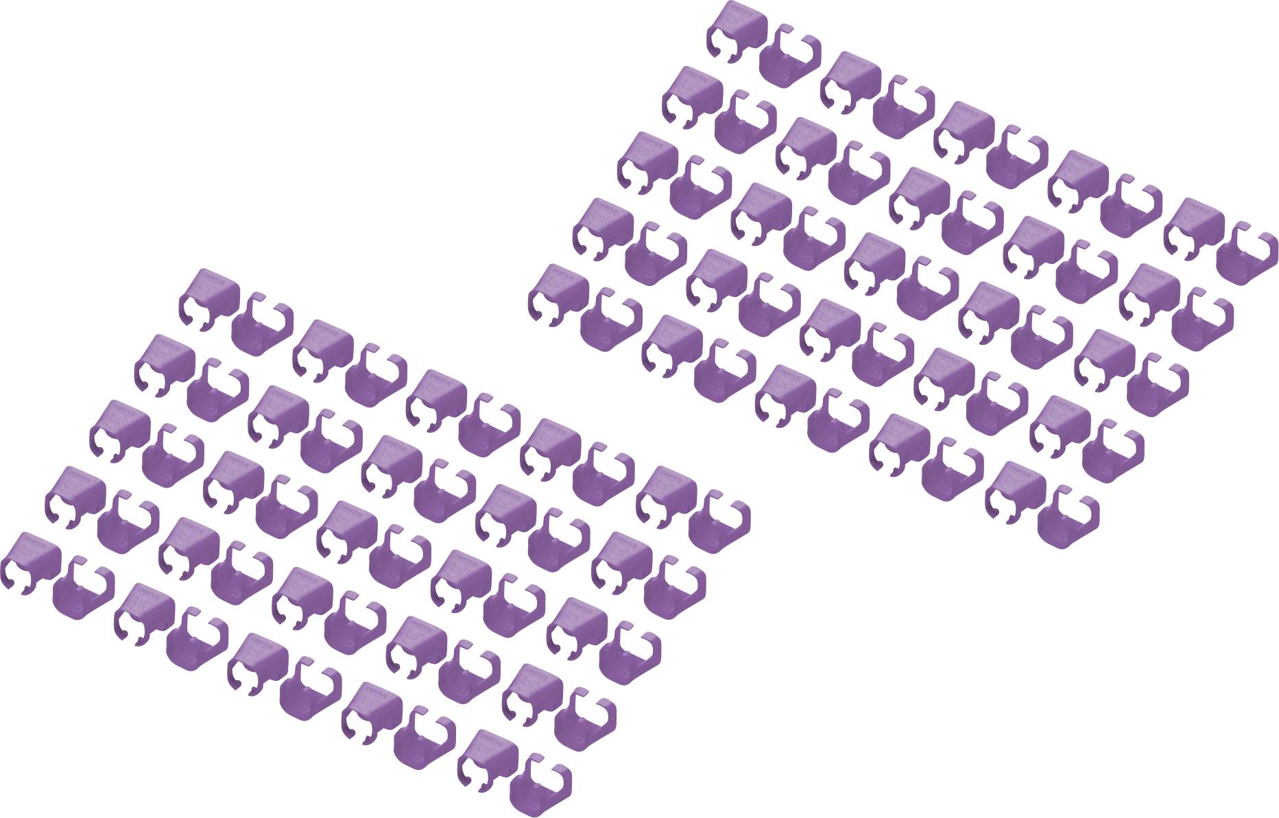 Lila Kunststoffklammern in zwei Reihen. Jede Klammer hat eine rechteckige Form mit abgerundeten Kanten und Aussparungen.