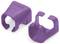 Zwei lila Kunststoffkappen, eine stehend, eine umgedreht, mit offenen Clips. Sie dienen als Schutzkappen für Kabel oder Stecker.