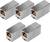 Fünf RJ45-Koppler in glänzendem Metallfinish, in zwei Reihen angeordnet. Sie dienen zum Verbinden von Ethernet-Kabeln.