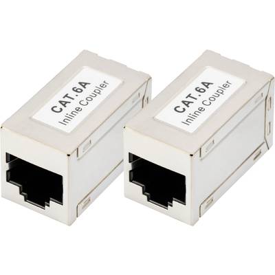 Zwei silberne CAT.6A Inline-Koppler, nebeneinander liegend, zum Verbinden von Ethernet-Kabeln.