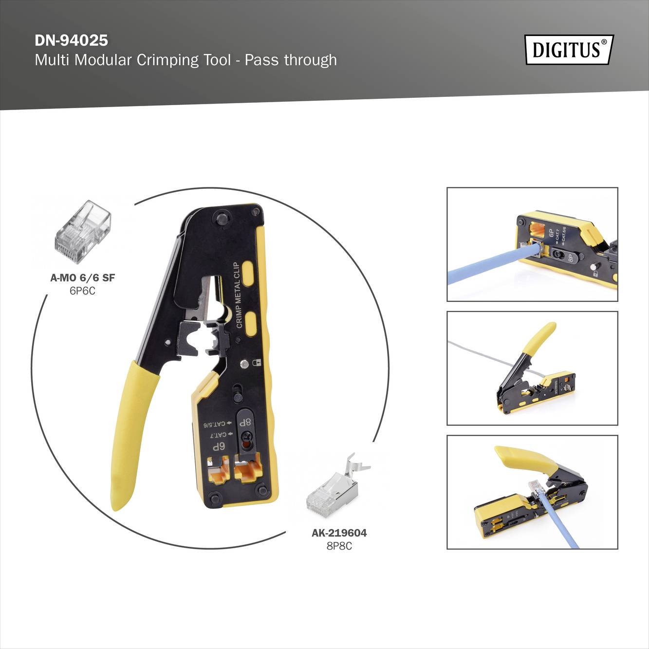 Ein Multifunktions-Crimpenwerkzeug mit gelbem Griff, das an einem Kabel arbeitet. Im Bild sind auch RJ45- und RJ11-Stecker abgebildet.