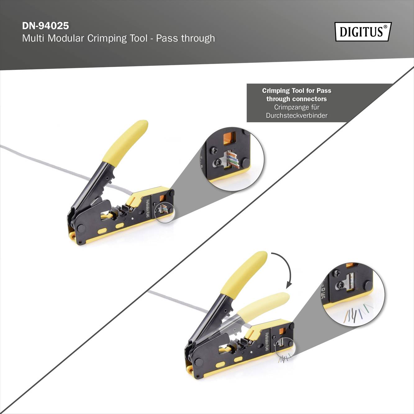 'DN-94025 Crimpzange für Durchgangsverbinder, wird gezeigt mit zwei Detailansichten, wie Kabel in Stecker eingeführt und gecrimpt werden.'