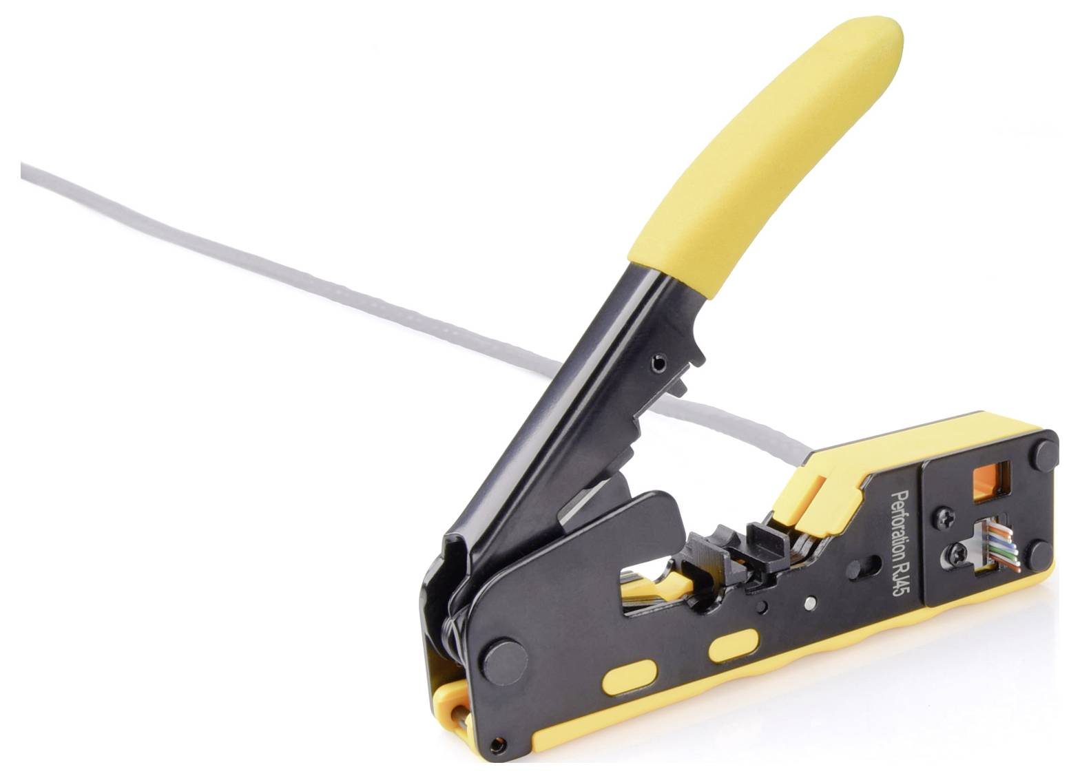Crimpzange mit gelbem Griff und eingestecktem Kabel. Sie wird verwendet, um Stecker, normalerweise für Netzwerkverbindungen, zu befestigen.