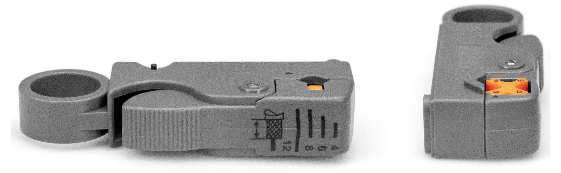 Abisolierwerkzeug für Koaxialkabel, zeigt Seitenansichten mit Einstellmarkierungen und Klinge. Geeignet für präzises Abisolieren.