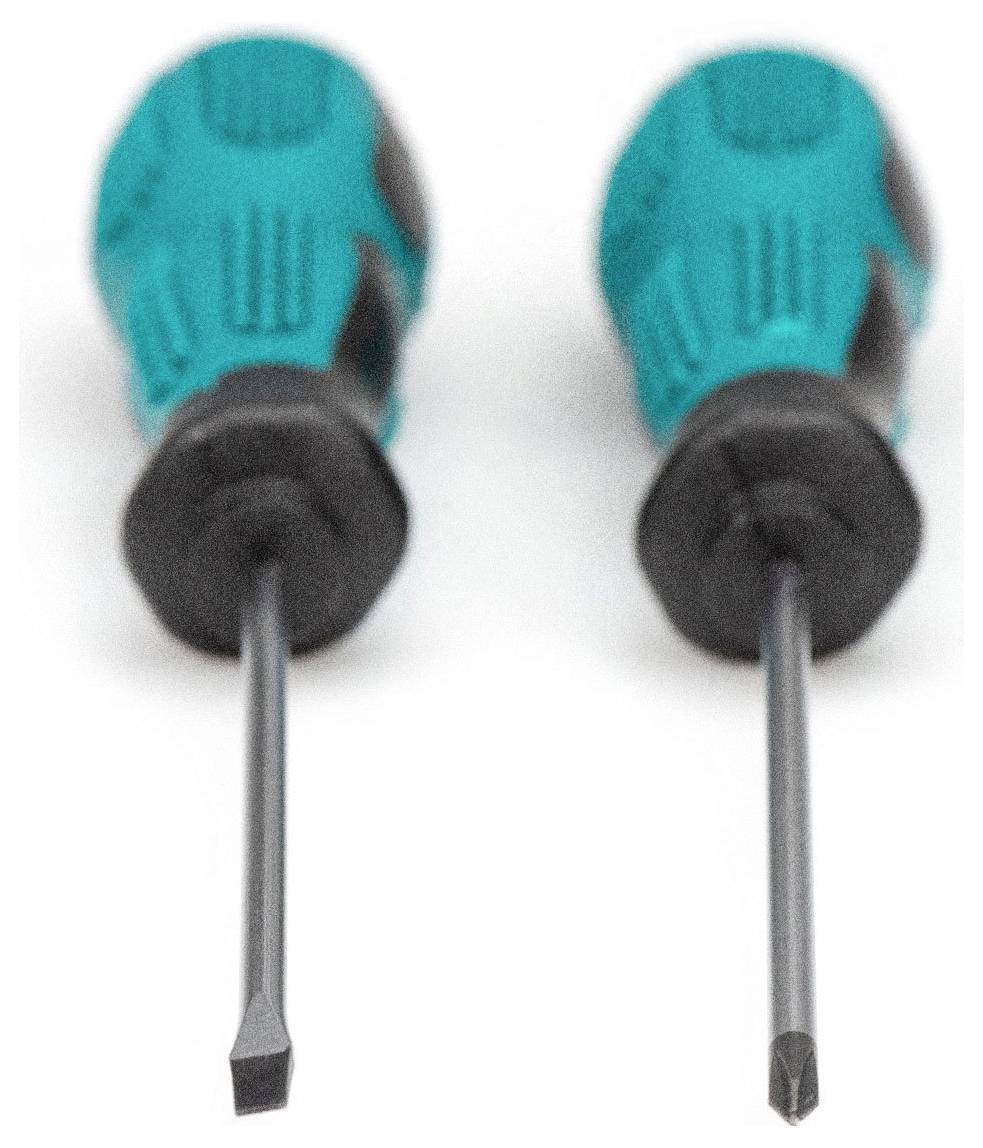 Zwei Schraubendreher mit blauen Griffen, einer mit Schlitzkopf und einer mit Kreuzschlitzkopf, liegen nebeneinander.