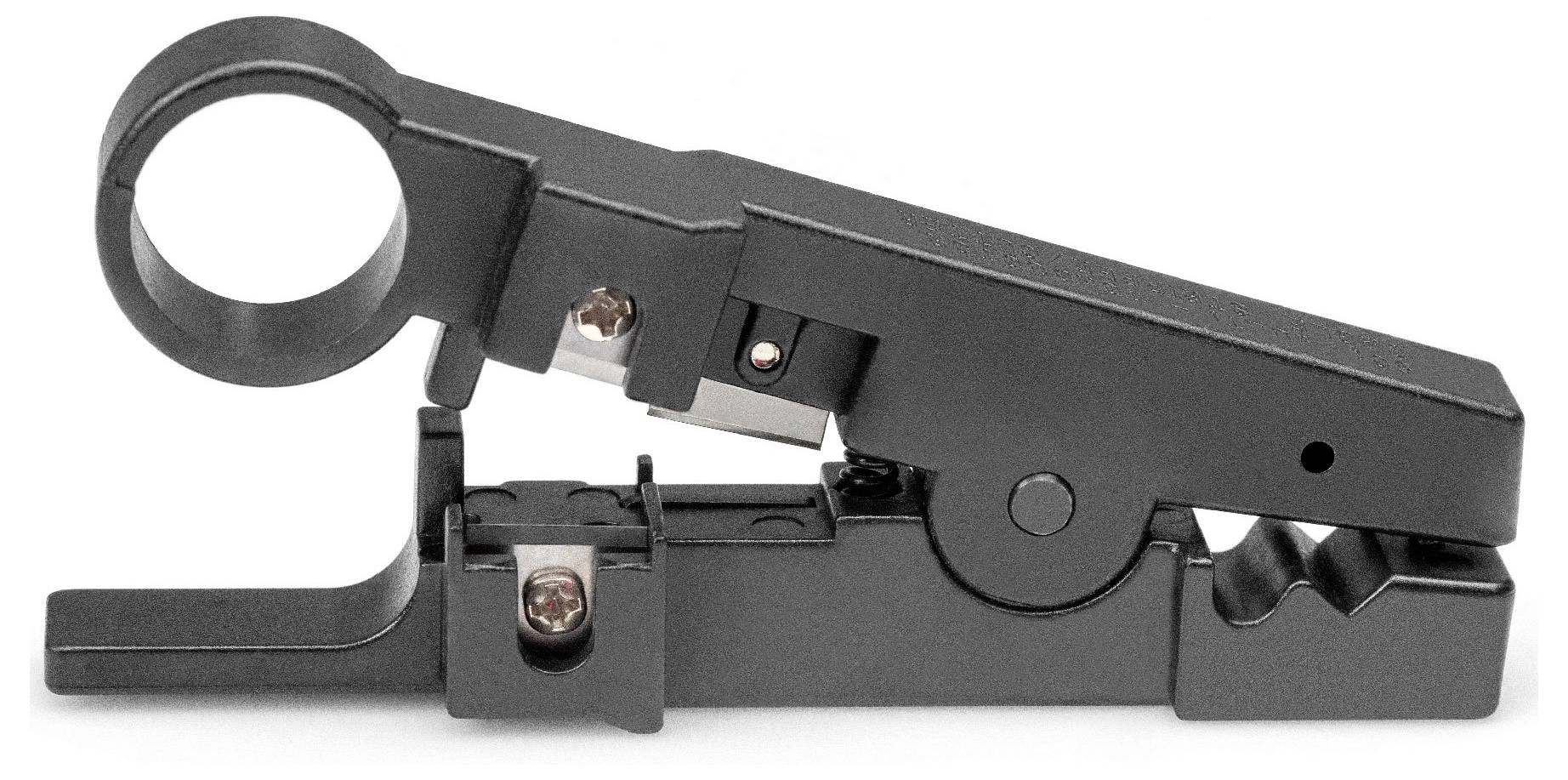 Ein schwarzes Werkzeug zum Abisolieren von Kabeln mit verstellbarem Klingenhalter und Griff.