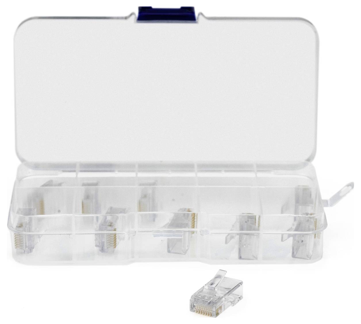 Eine offene Kunststoffbox mit mehreren Ethernet-Steckern. Ein einzelner Stecker liegt außerhalb der Box.