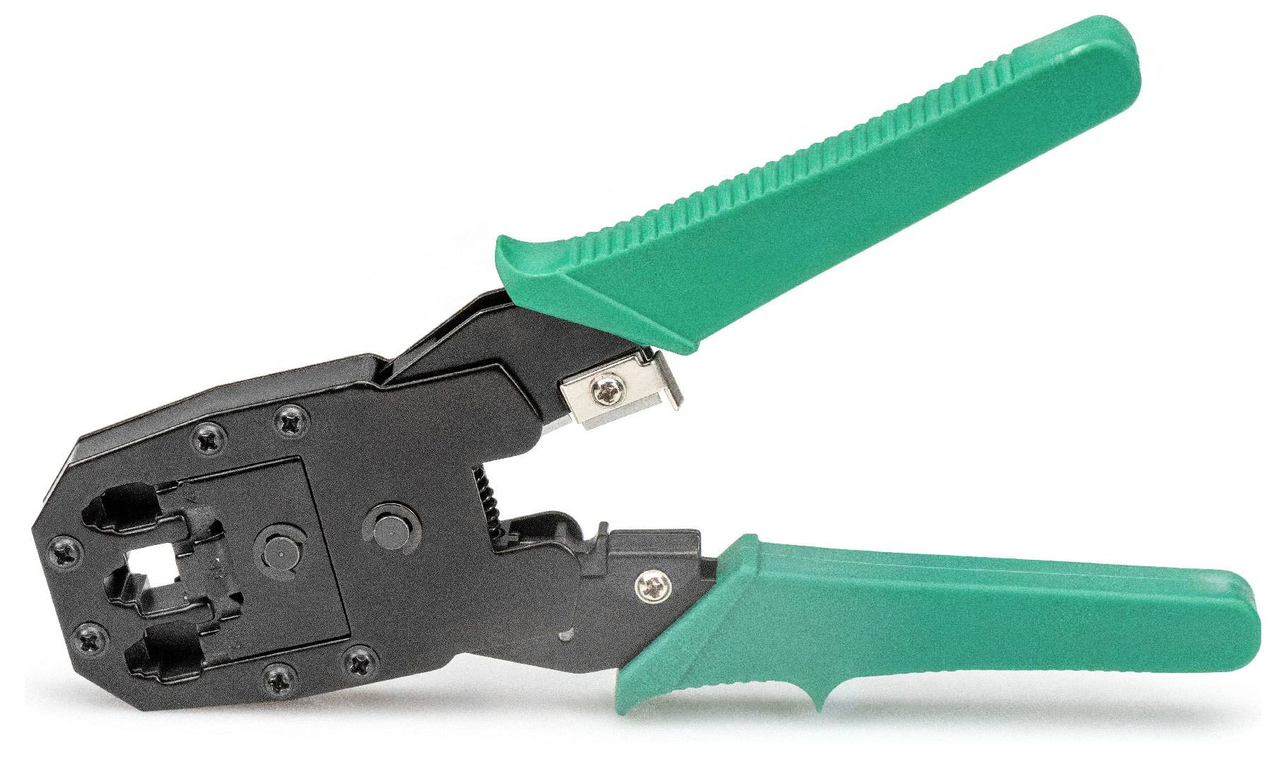 Eine Crimpzange mit grünem Griff, die zum Verbinden von Kabeln mit Steckern verwendet wird.