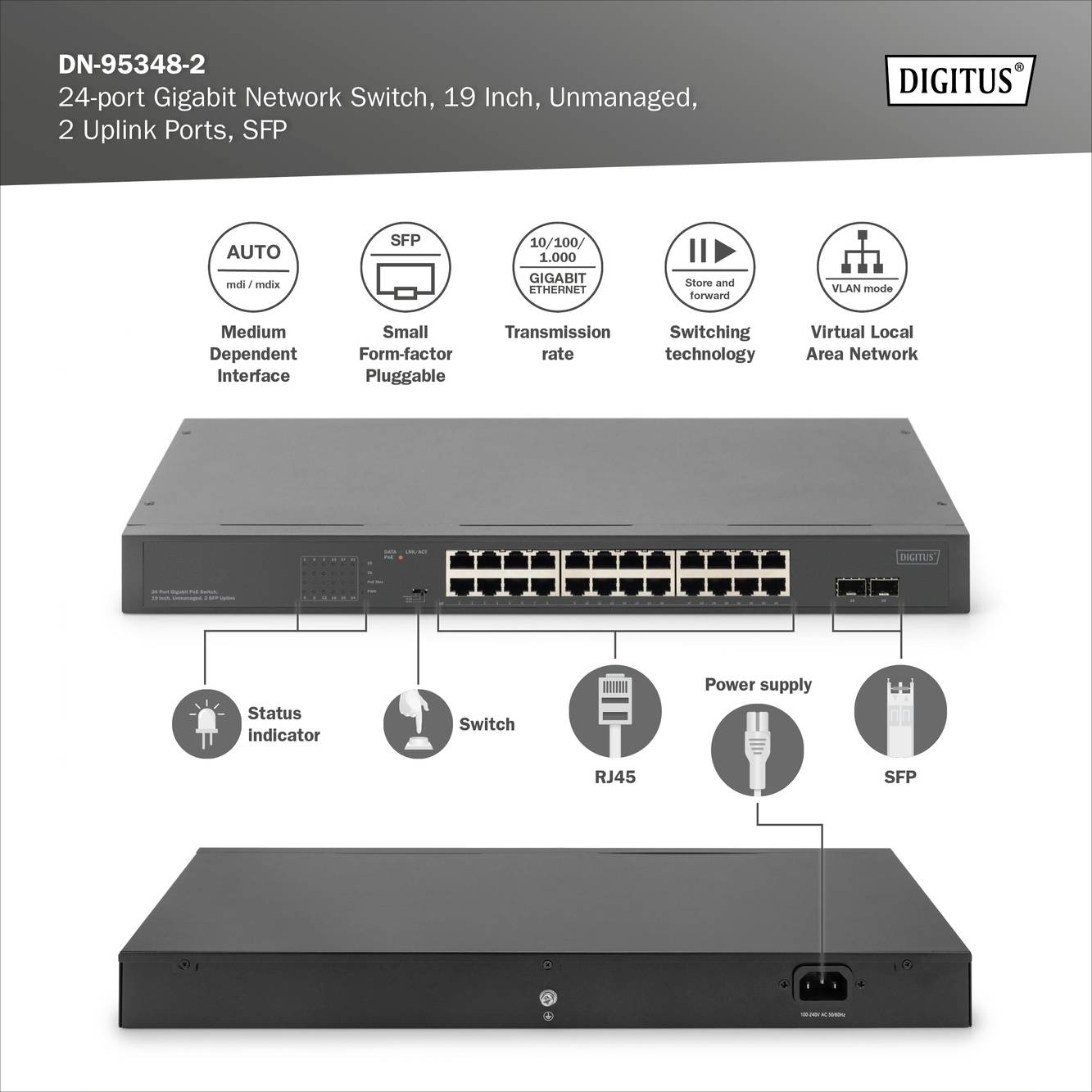 'Digitus DN-95348-2' Netzwerkschalter mit 24 Gigabit-Ports, 19 Zoll, unmanaged, 2 Uplink-Ports, SFP, Status- und Stromanzeige, RJ45-Anschlüsse.
