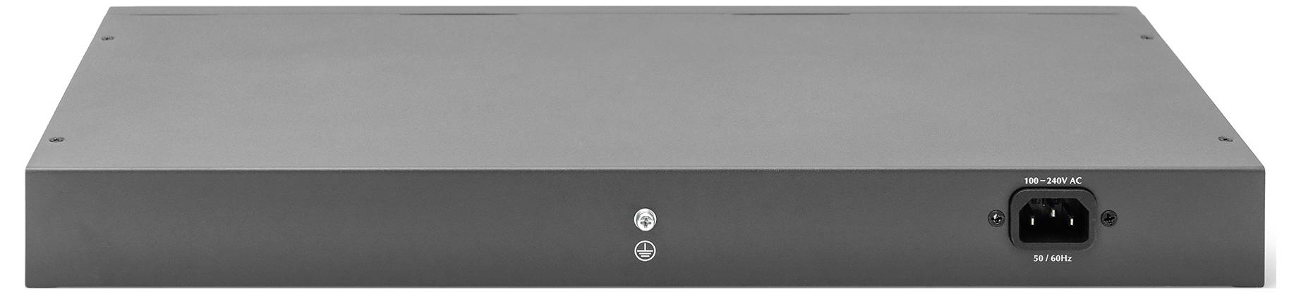 Ein flaches, rechteckiges, graues elektronisches Gerät mit einer Stromanschlussbuchse auf der rechten Seite.