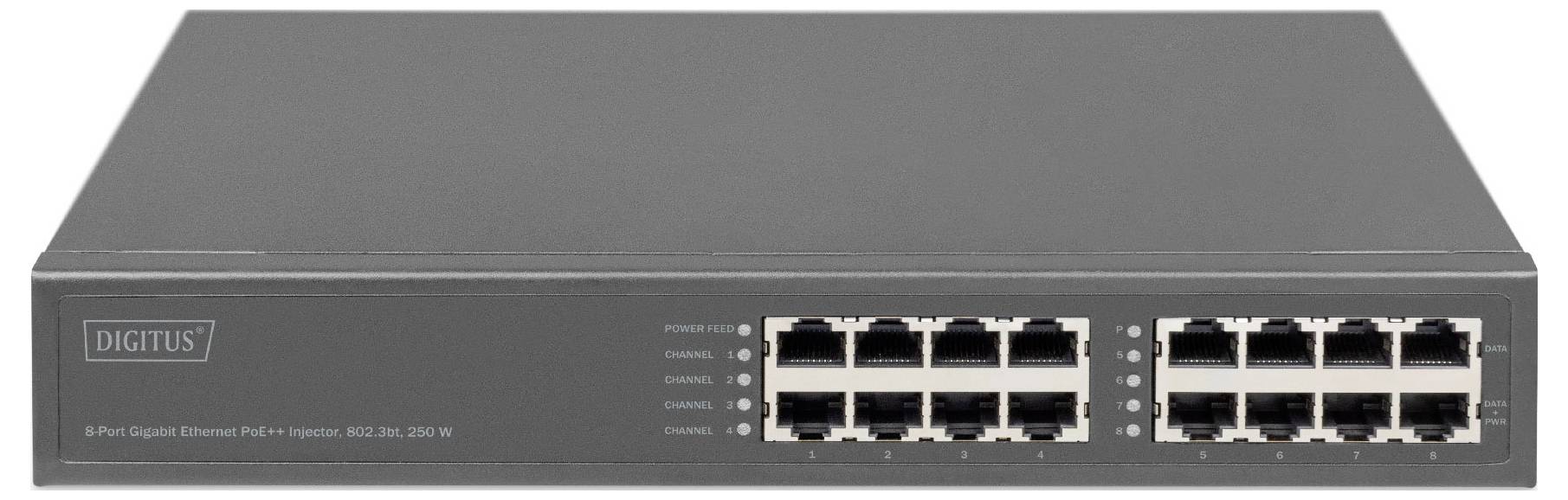 Ein 16-Port-Gigabit-Ethernet-Switch von Digitus, geeignet für Netzwerkverbindungen in einem Büro oder Zuhause.