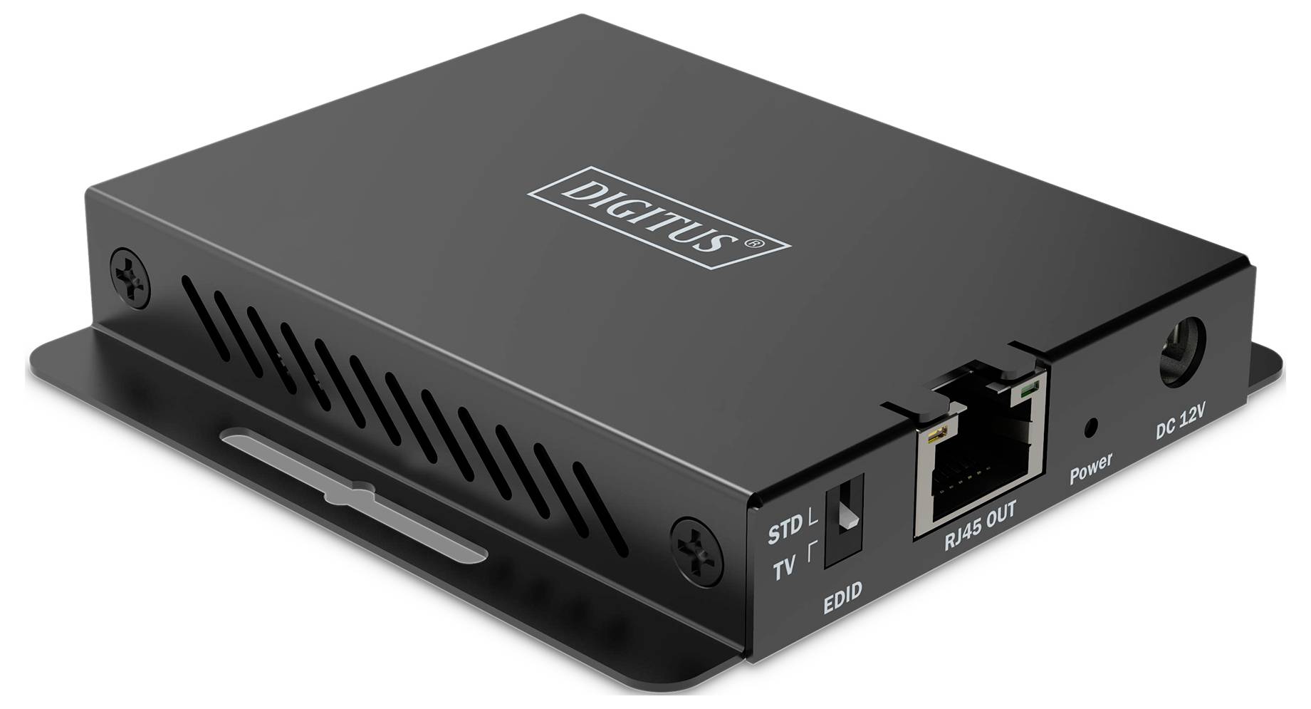 Ein schwarzer HDMI-zu-IP-Konverter mit Ethernet- und Stromanschluss, Marke 'Digitus', auf einer Montagehalterung.