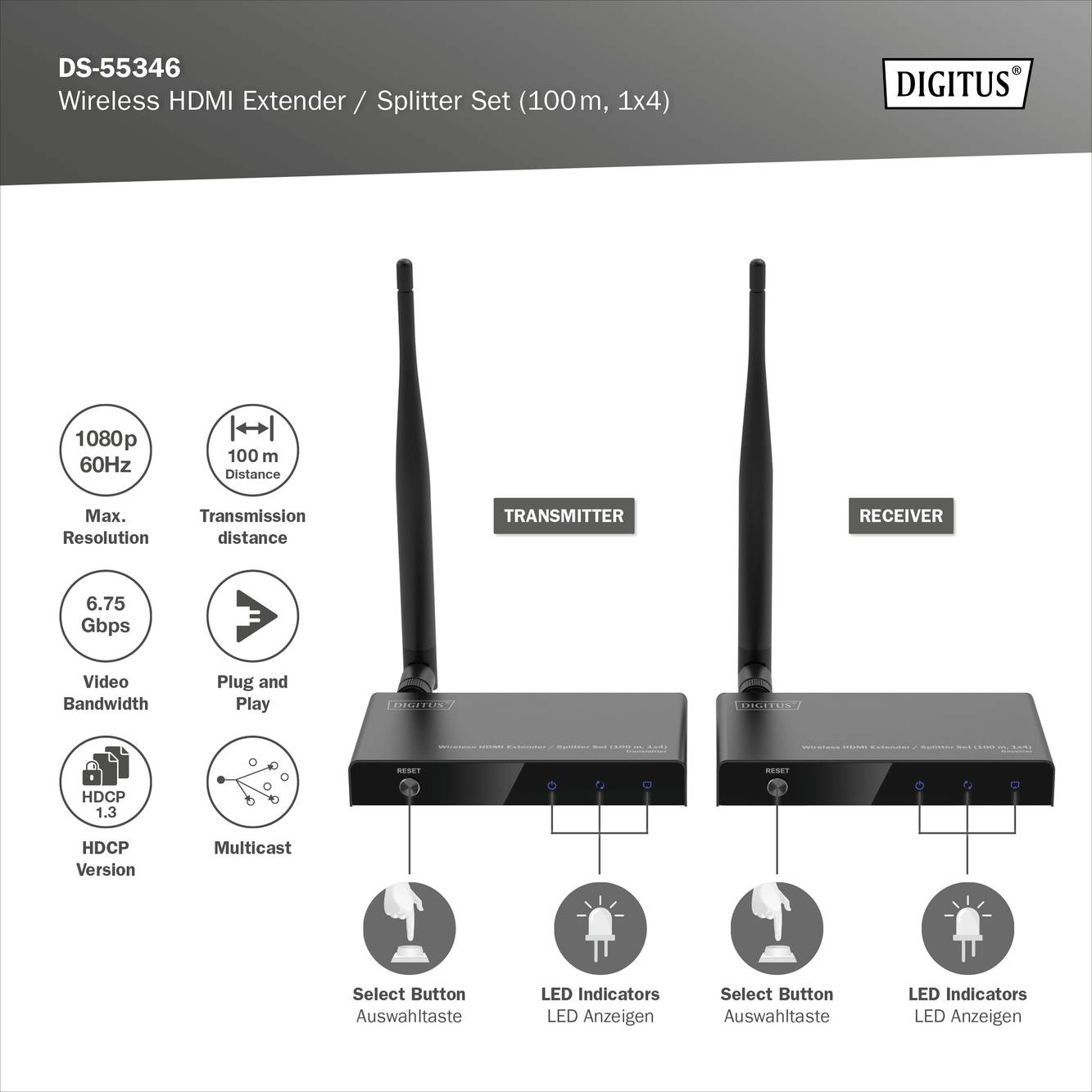 'DIGITUS DS-55346: Wireless HDMI Extender/Splitter Set (100m, 1x4) mit 1080p-Auflösung und maximal 60Hz. Transmitter und Receiver mit LED-Anzeige und Auswahlknopf.'